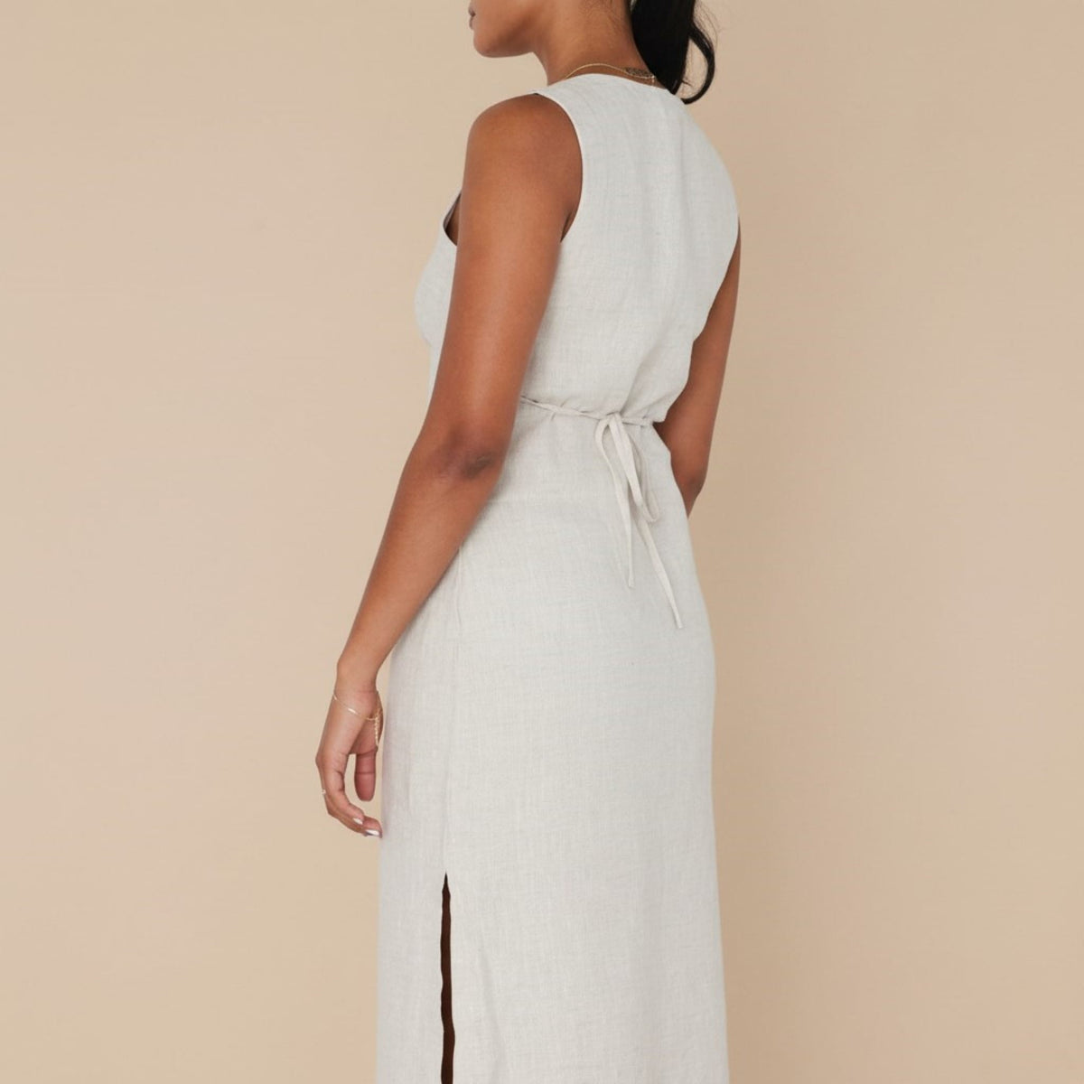 V Neck Linen Midi Dress, Sleeveless Midi Dress With Side Slits