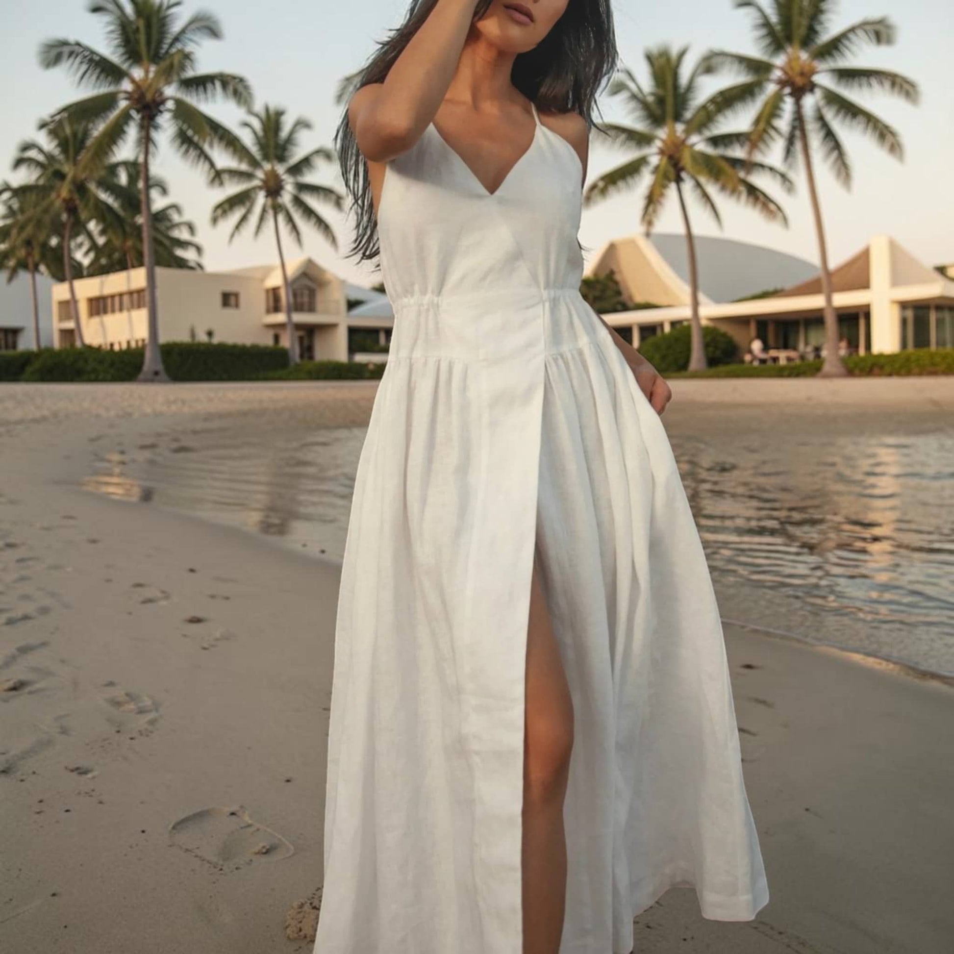 V Neck Linen Midi Dress, Spaghetti Strap Open Tie Back
