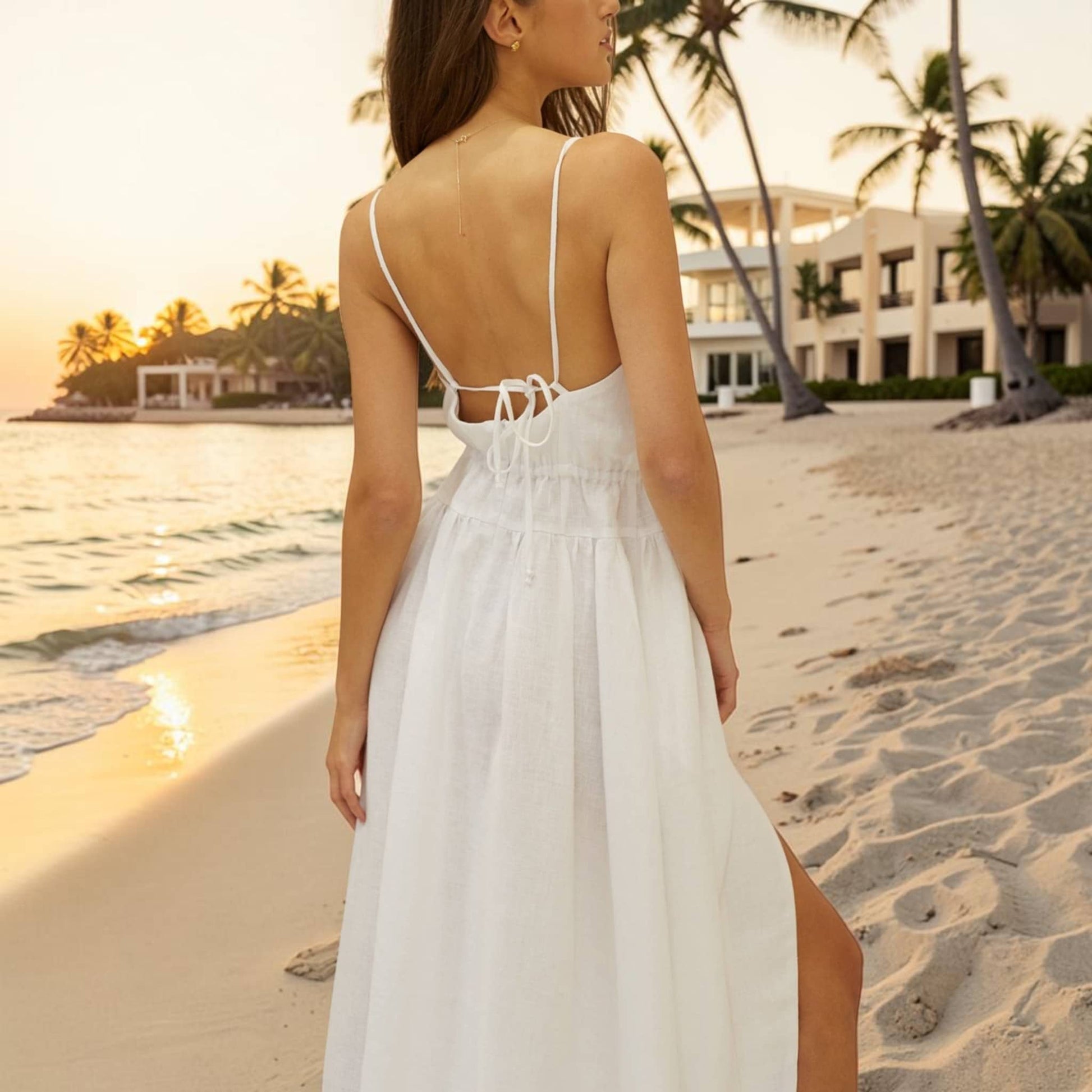 V Neck Linen Midi Dress, Spaghetti Strap Open Tie Back