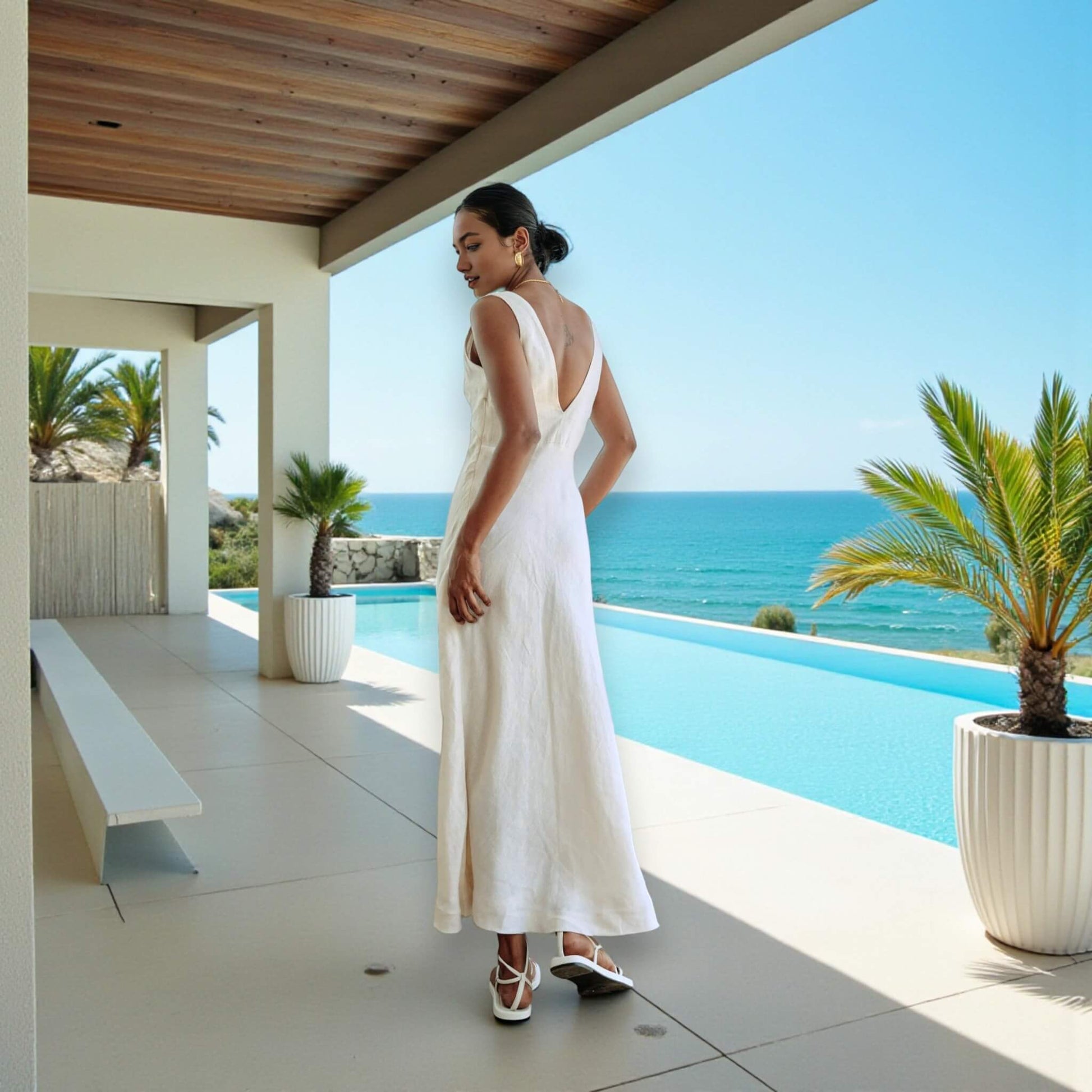 V Neck Linen Midi Dress, V Back A Line Midi Dress