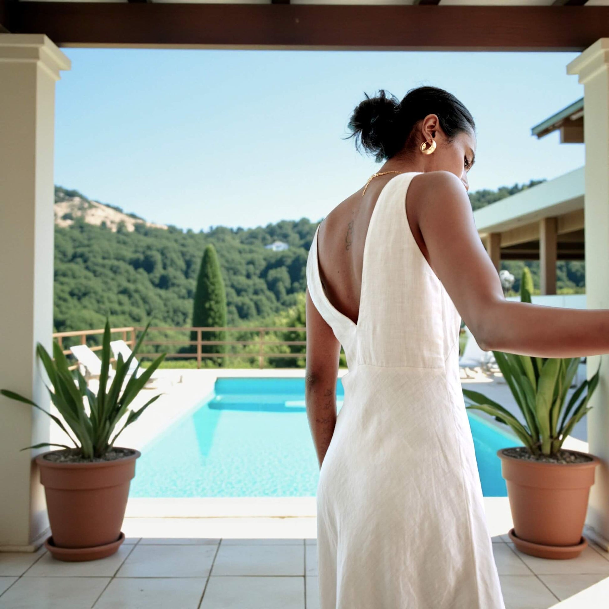 V Neck Linen Midi Dress, V Back A Line Midi Dress