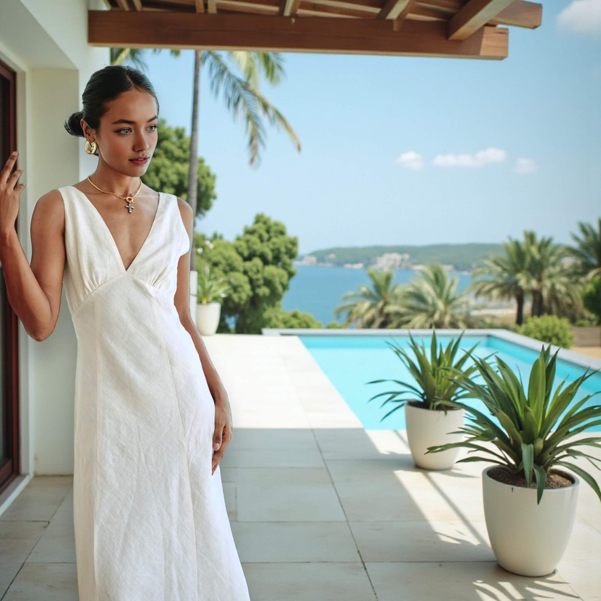 V Neck Linen Midi Dress, V Back A Line Midi Dress