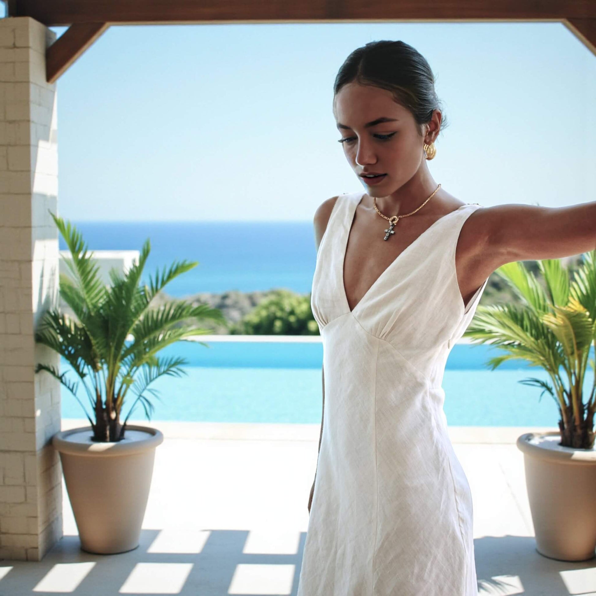 V Neck Linen Midi Dress, V Back A Line Midi Dress