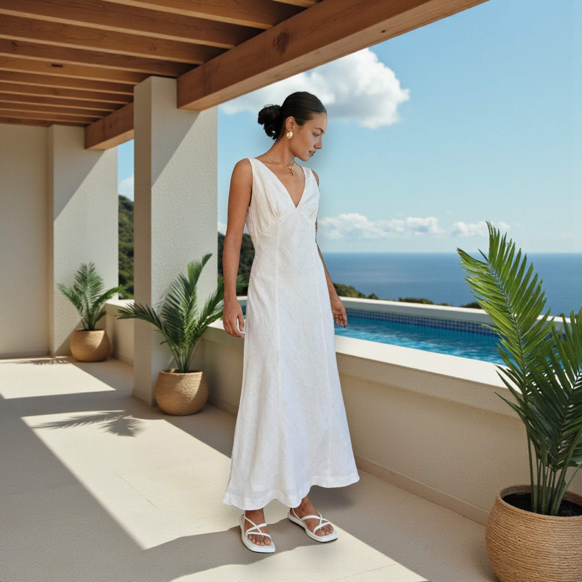 V Neck Linen Midi Dress, V Back A Line Midi Dress