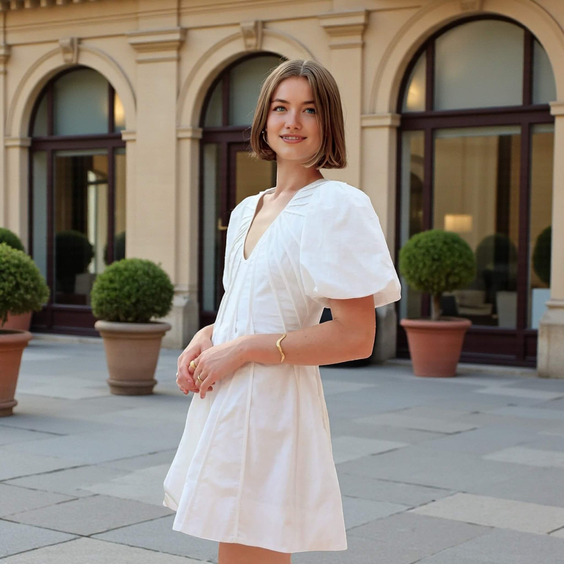 V Neck Linen Mini Dress, Puff Sleeve Mini Dress