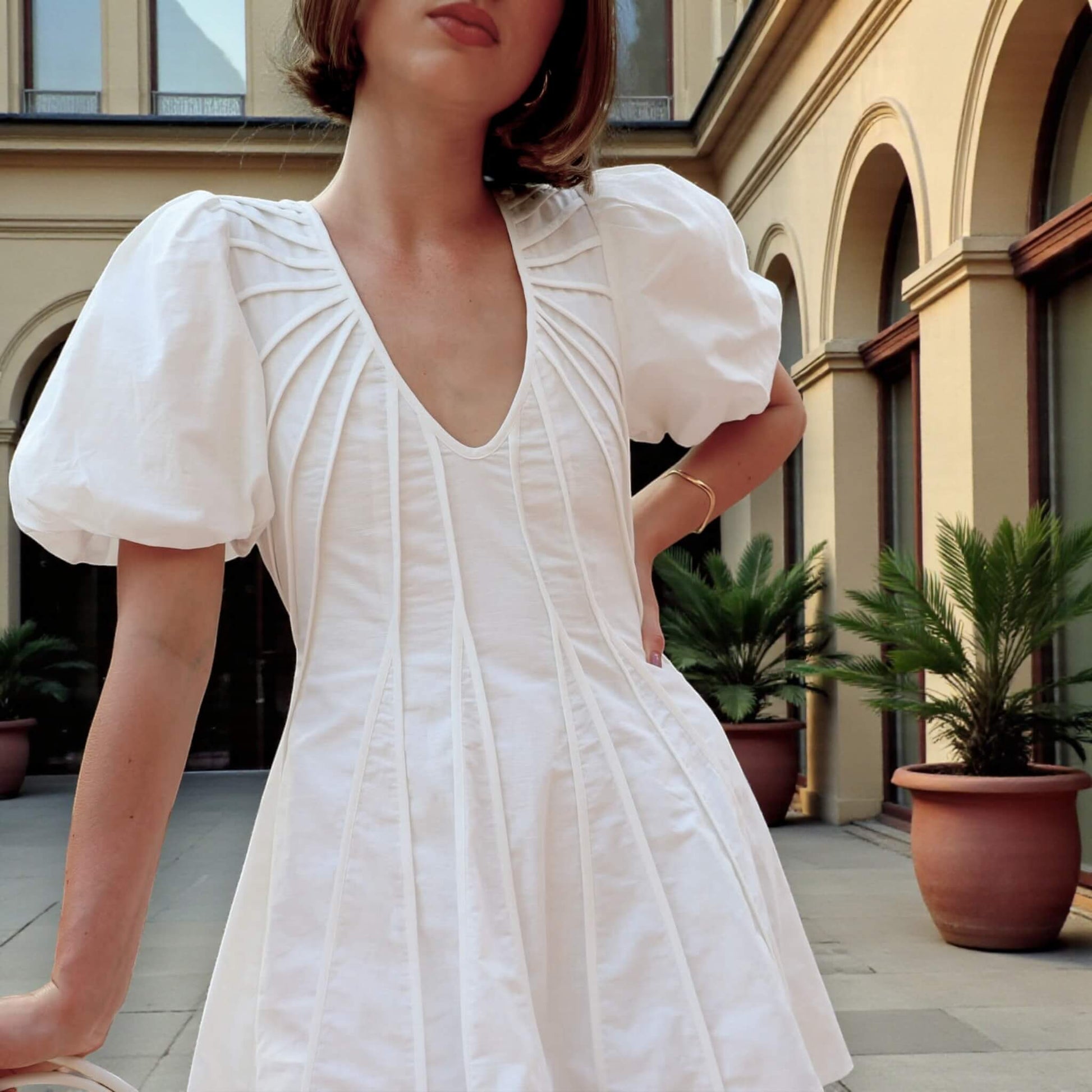 V Neck Linen Mini Dress, Puff Sleeve Mini Dress