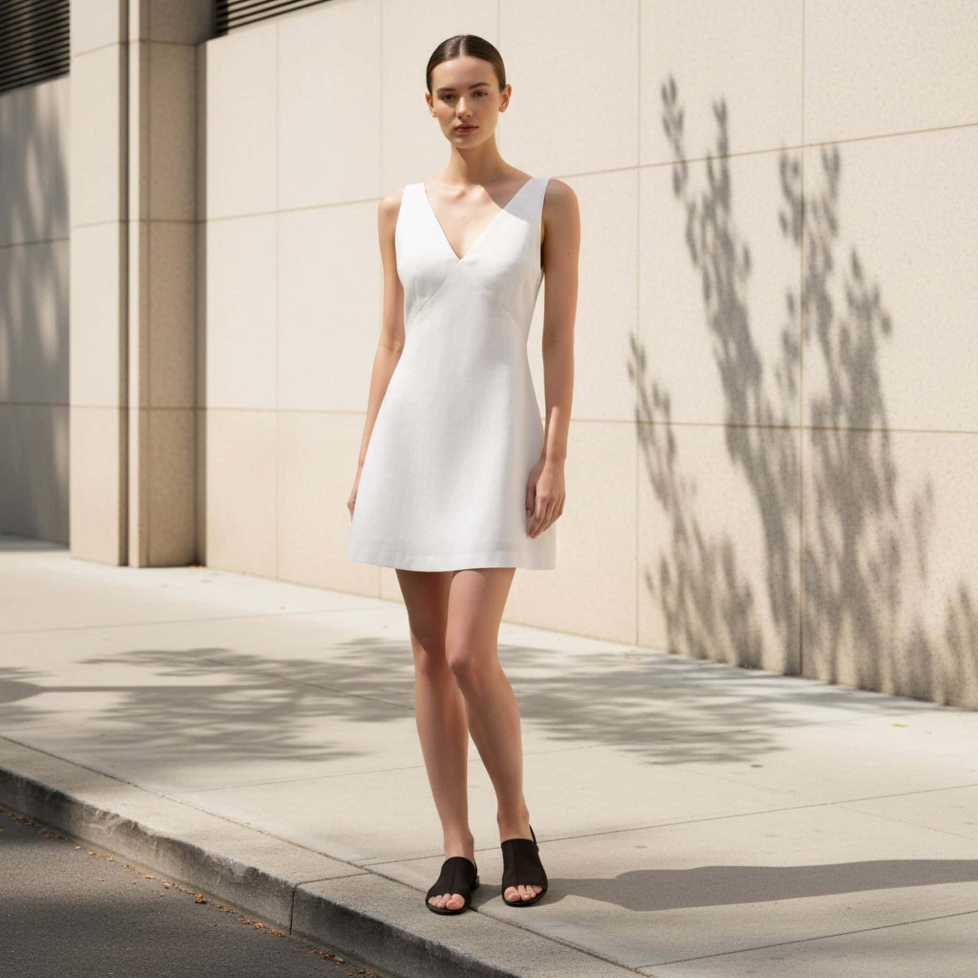 V Neck Linen Mini Dress, Sleeveless A Line Mini Dress