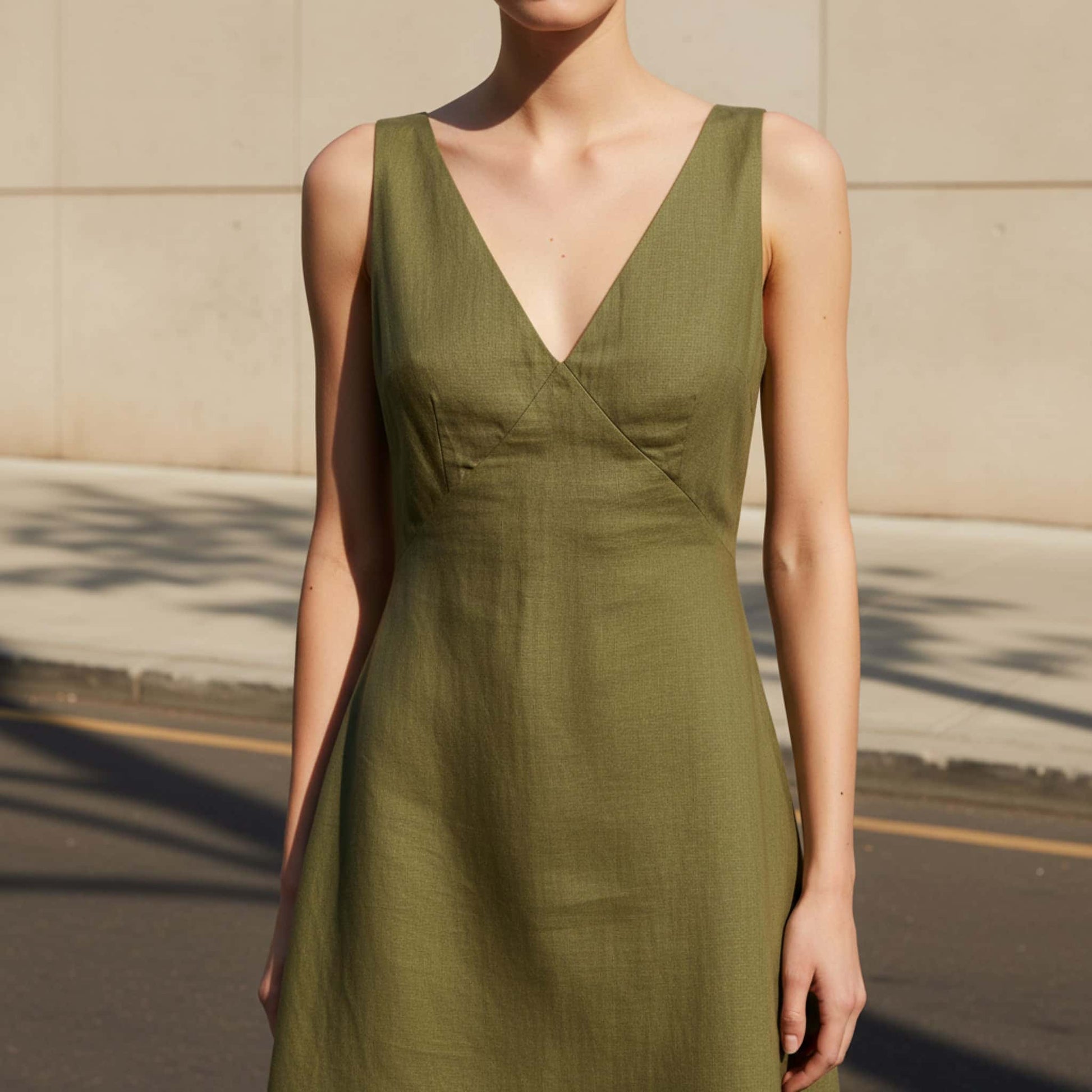 V Neck Linen Mini Dress, Sleeveless A Line Mini Dress