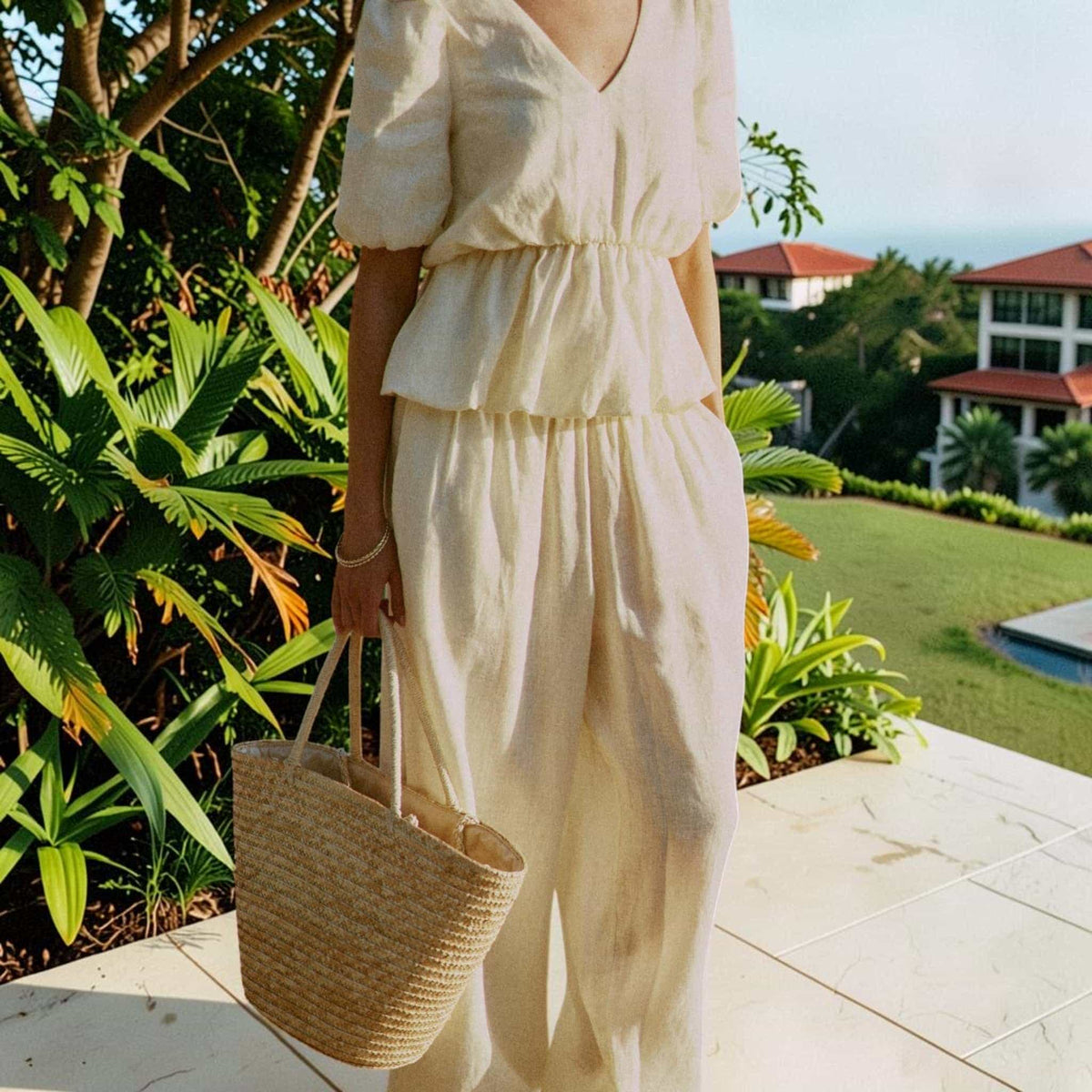 V Neck Linen Peplum Top, Puff Sleeve