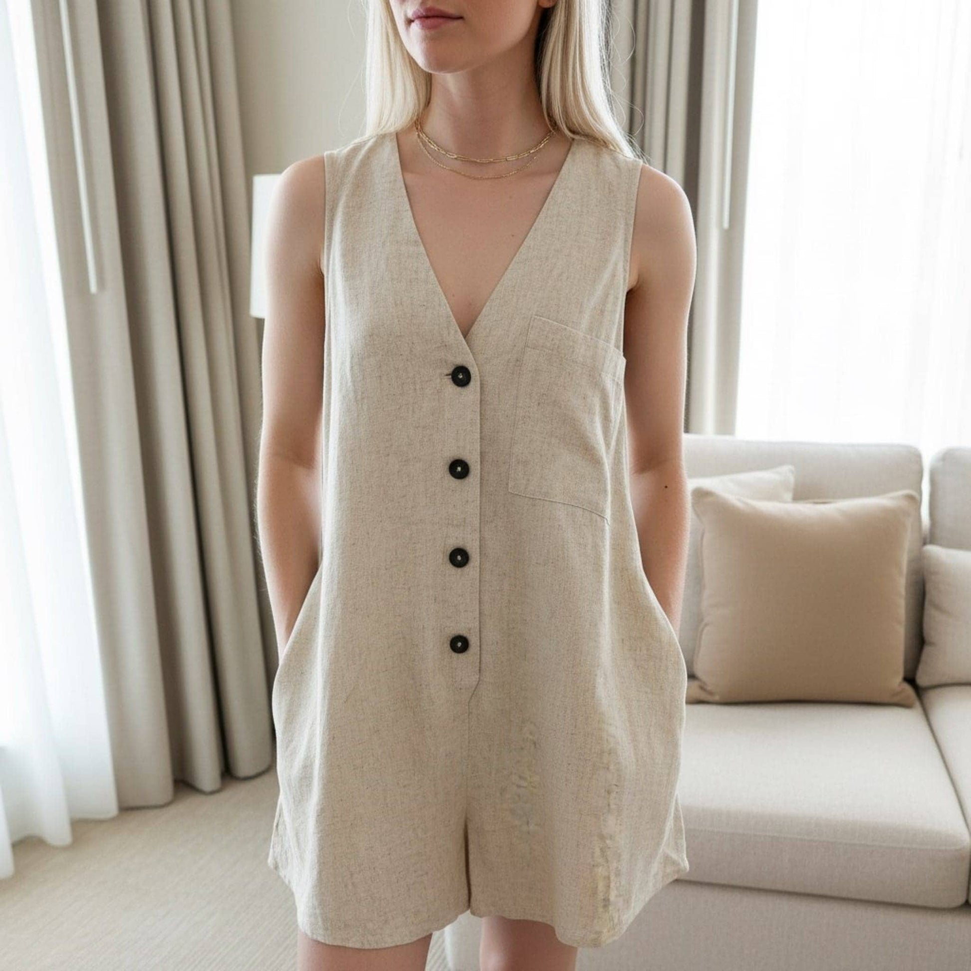 V-Neck Linen Short Romper, Sleeveless Button Front