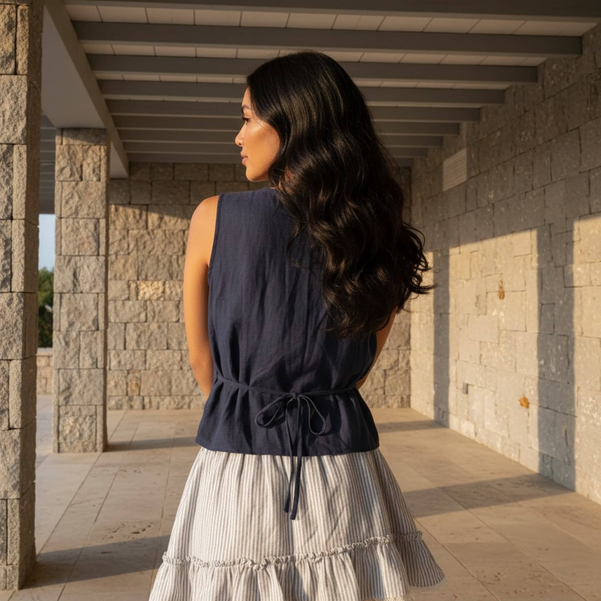 V Neck Linen Sleeveless Top, Linen Tie Waist Top