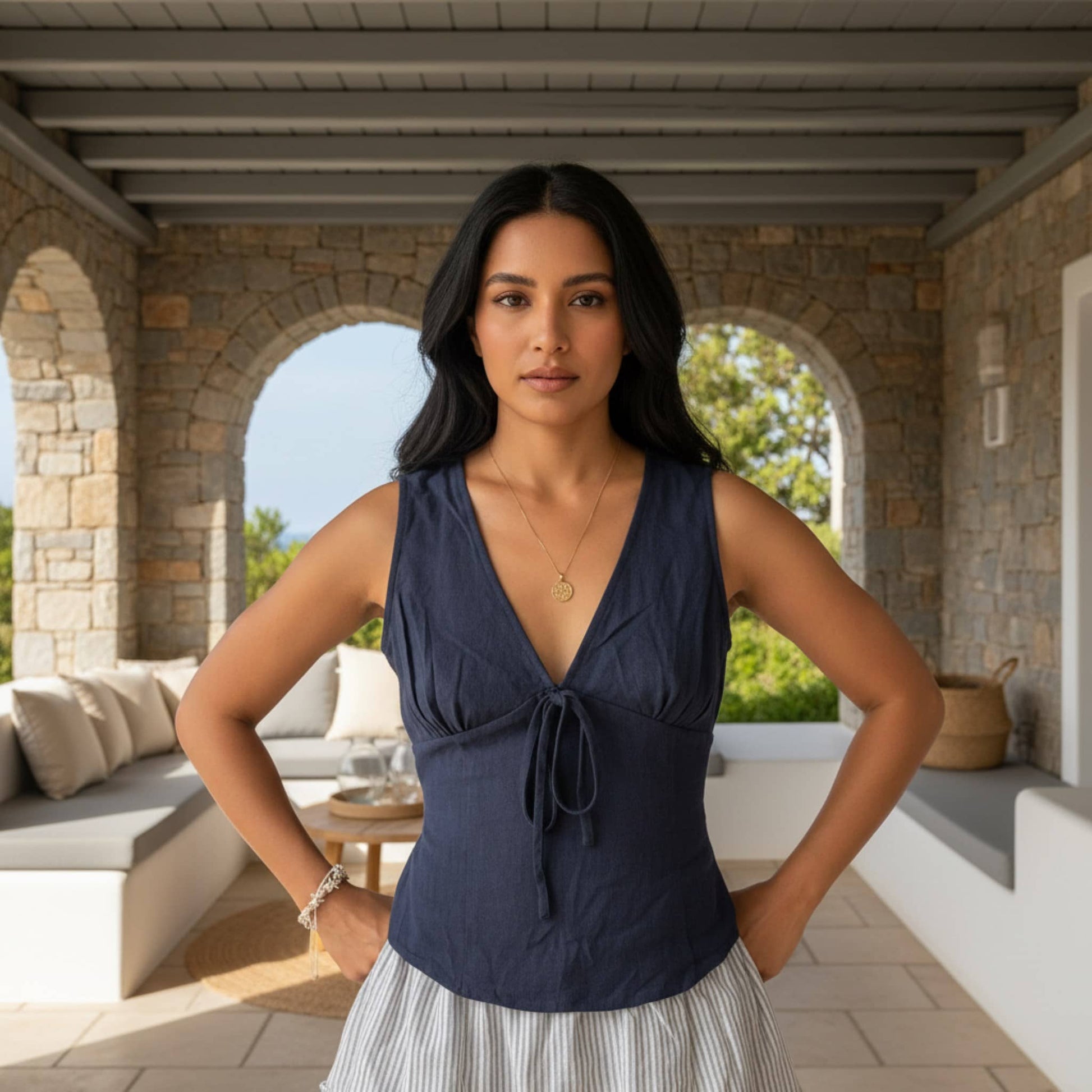 V Neck Linen Sleeveless Top, Linen Tie Waist Top