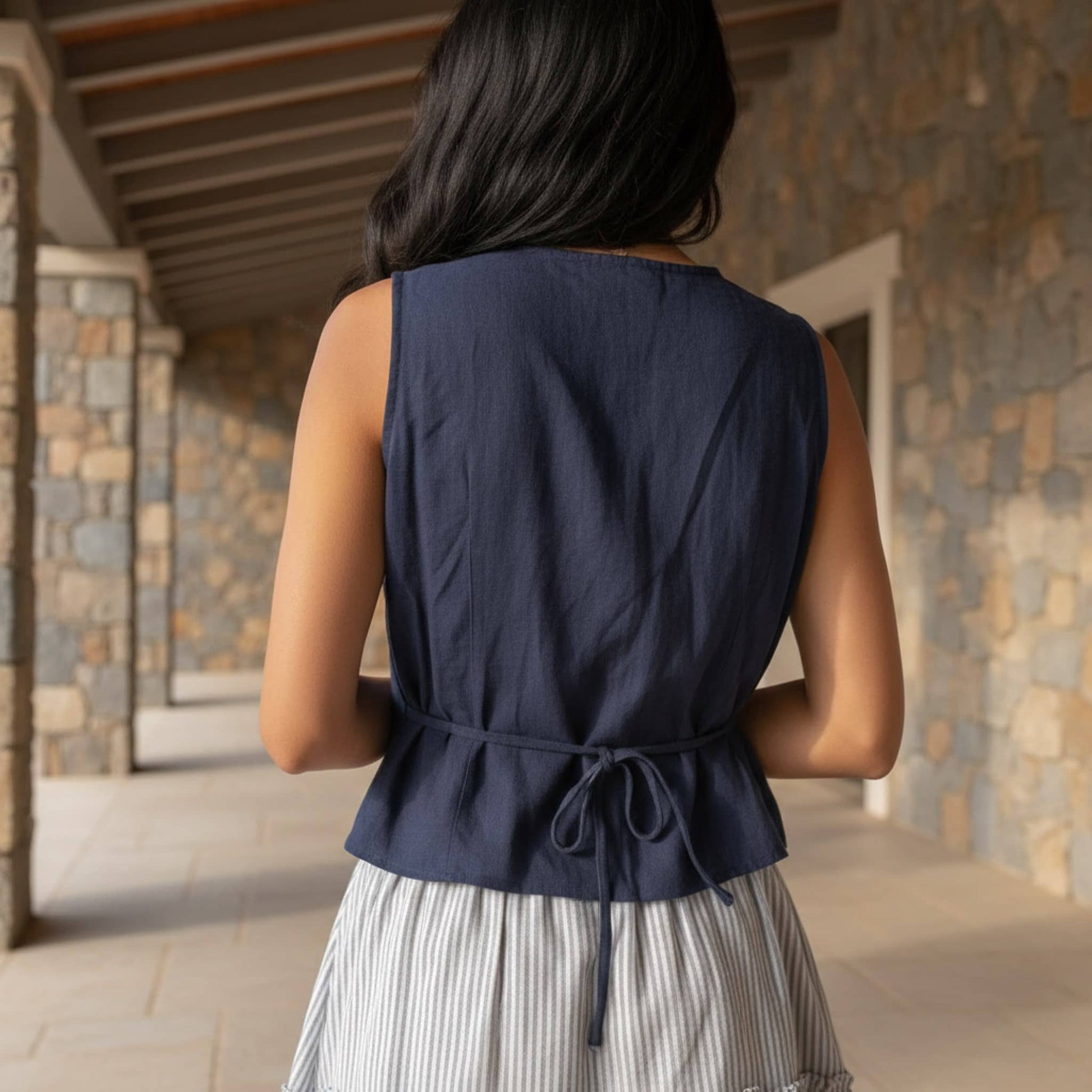 V Neck Linen Sleeveless Top, Linen Tie Waist Top