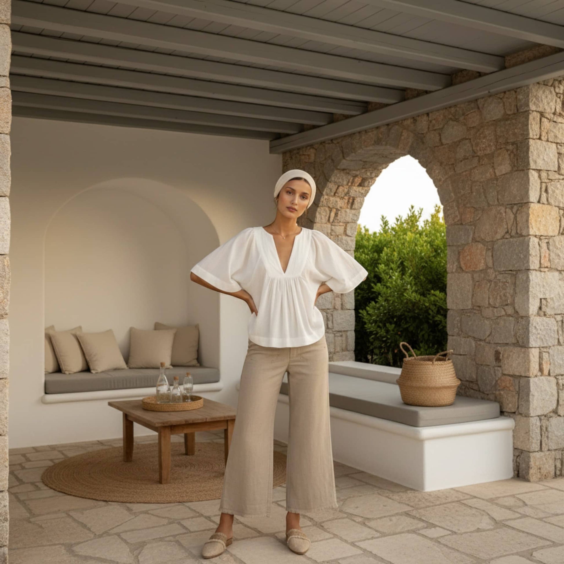 V Neck Linen Top, Butterfly Sleeve Tops