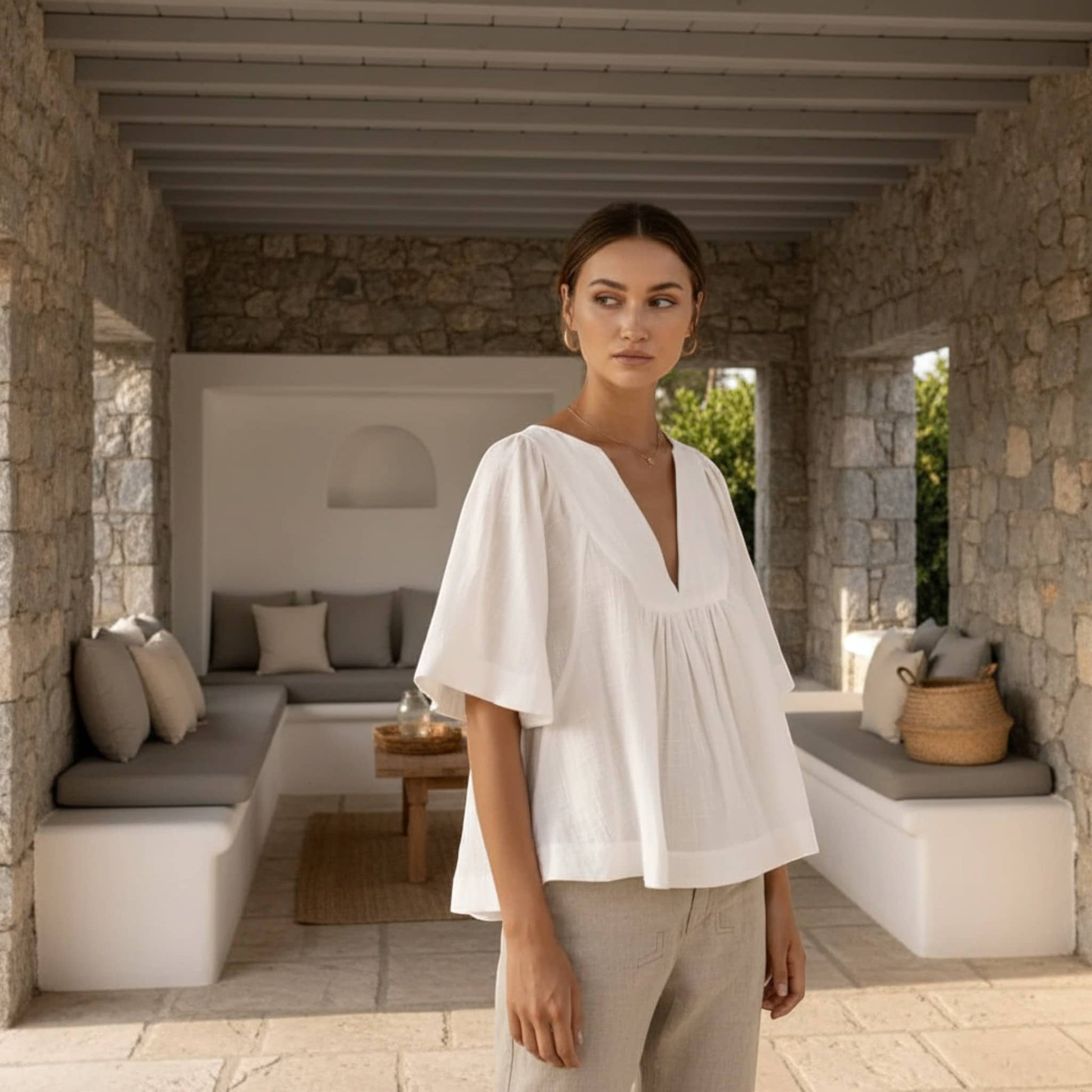 V Neck Linen Top, Butterfly Sleeve Tops