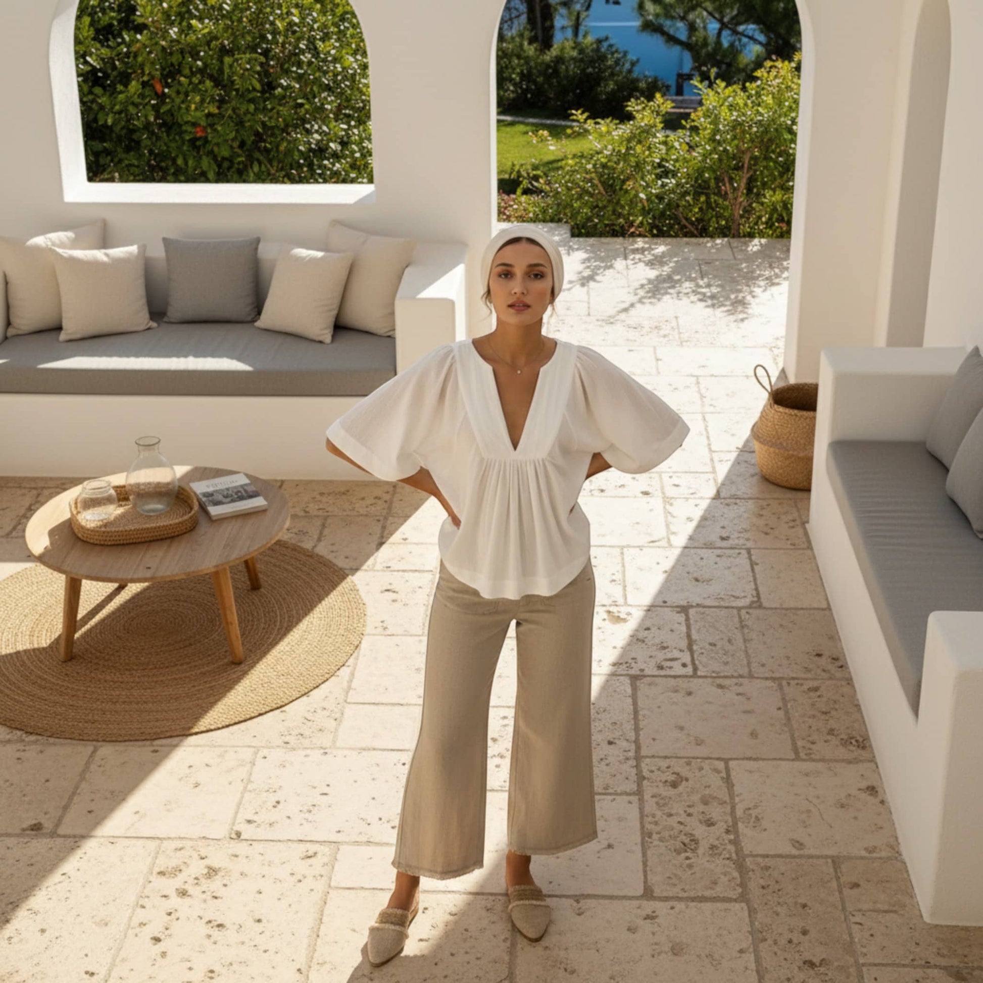 V Neck Linen Top, Butterfly Sleeve Tops