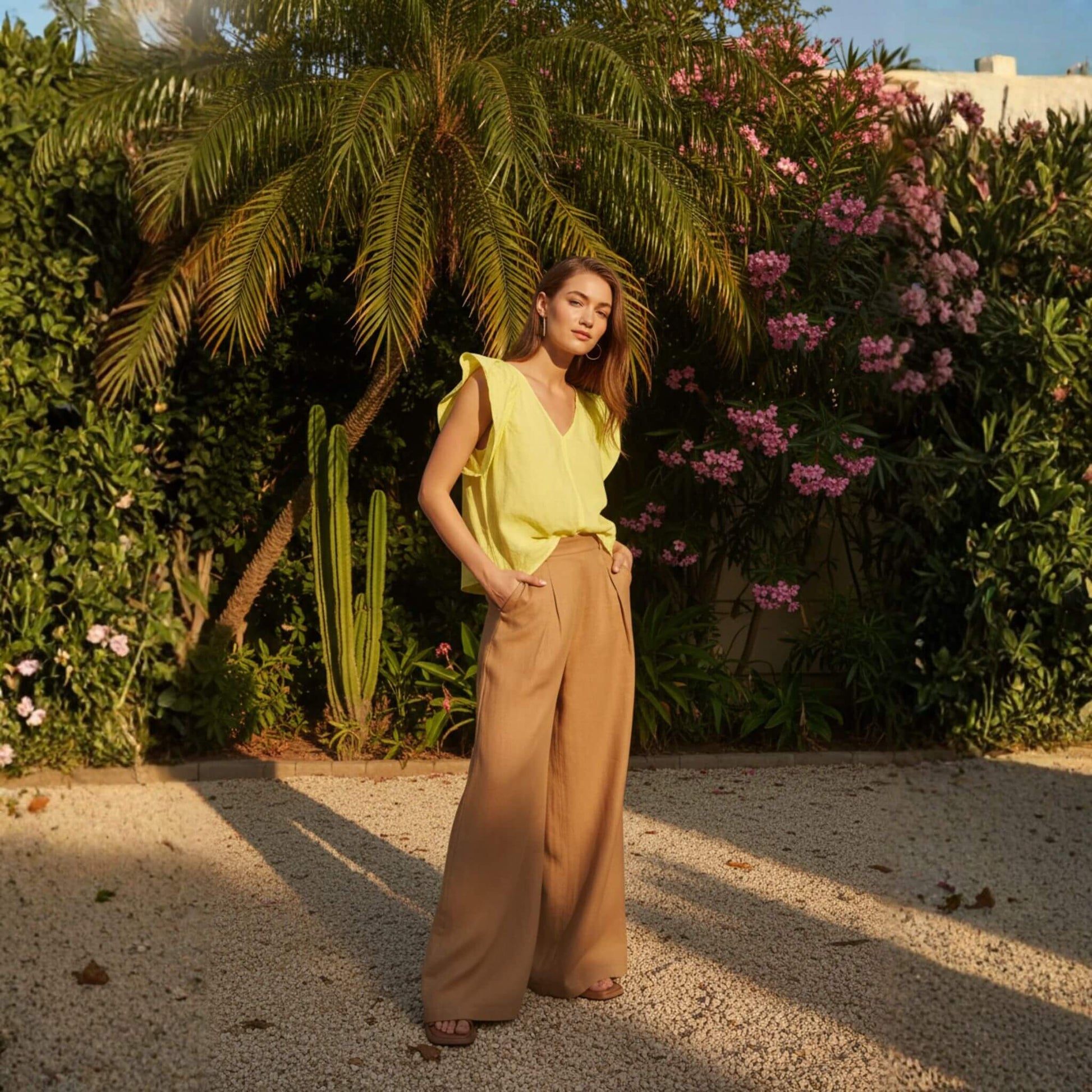 V Neck Linen Top, Flutter Sleeve Top