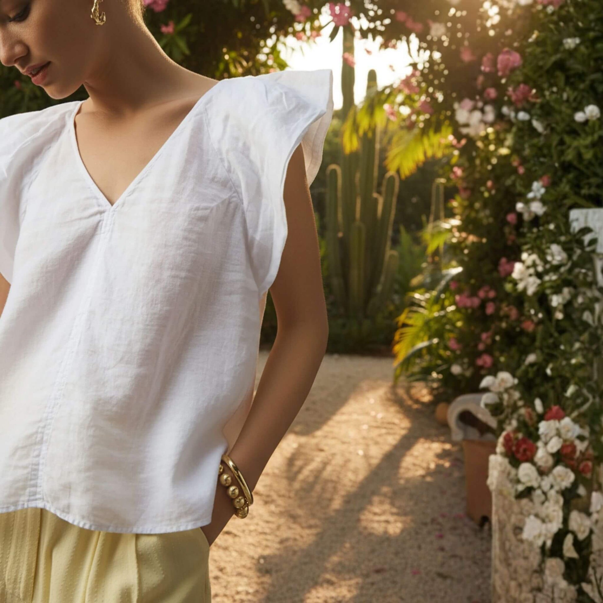 V Neck Linen Top, Flutter Sleeve Top