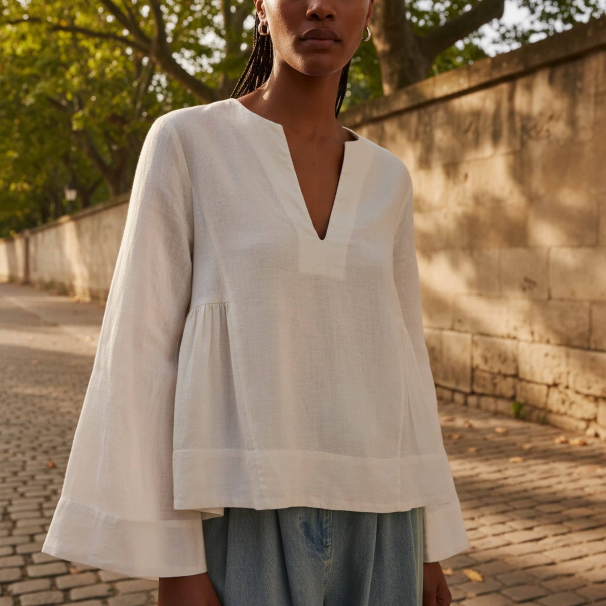 V Neck Linen Top, Long Sleeve Linen Top