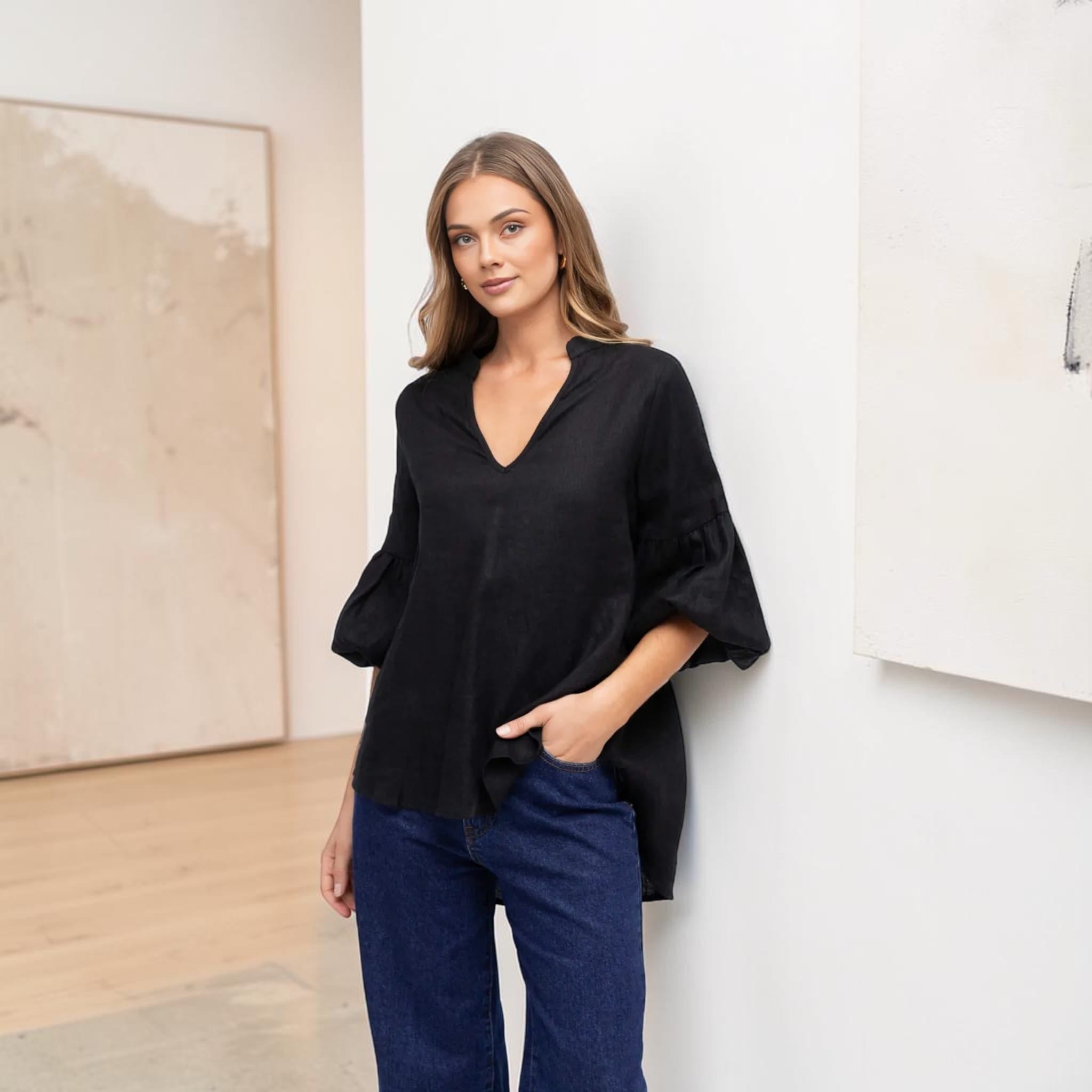 V-Neck Linen Tunic Top, Balloon Sleeves