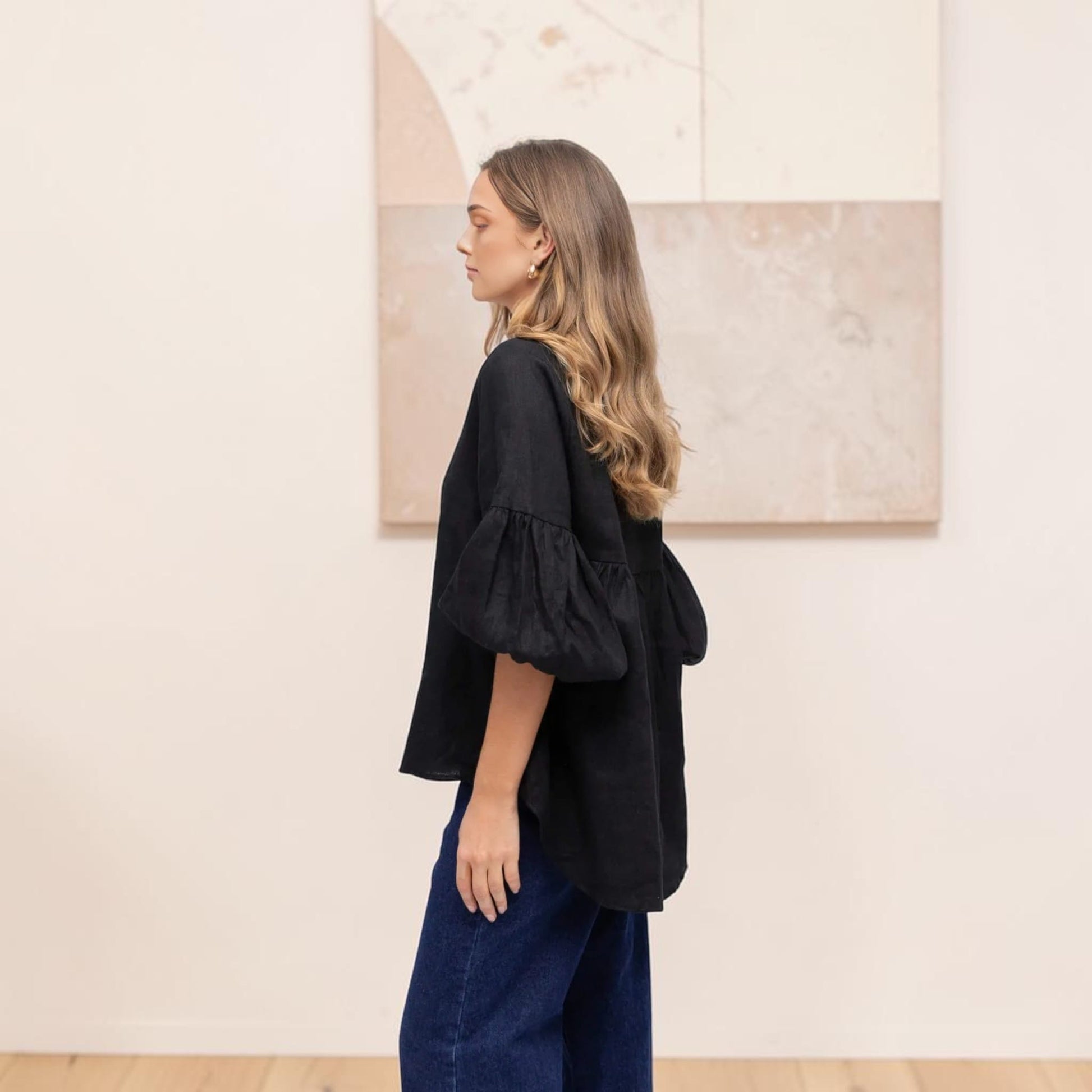 V-Neck Linen Tunic Top, Balloon Sleeves