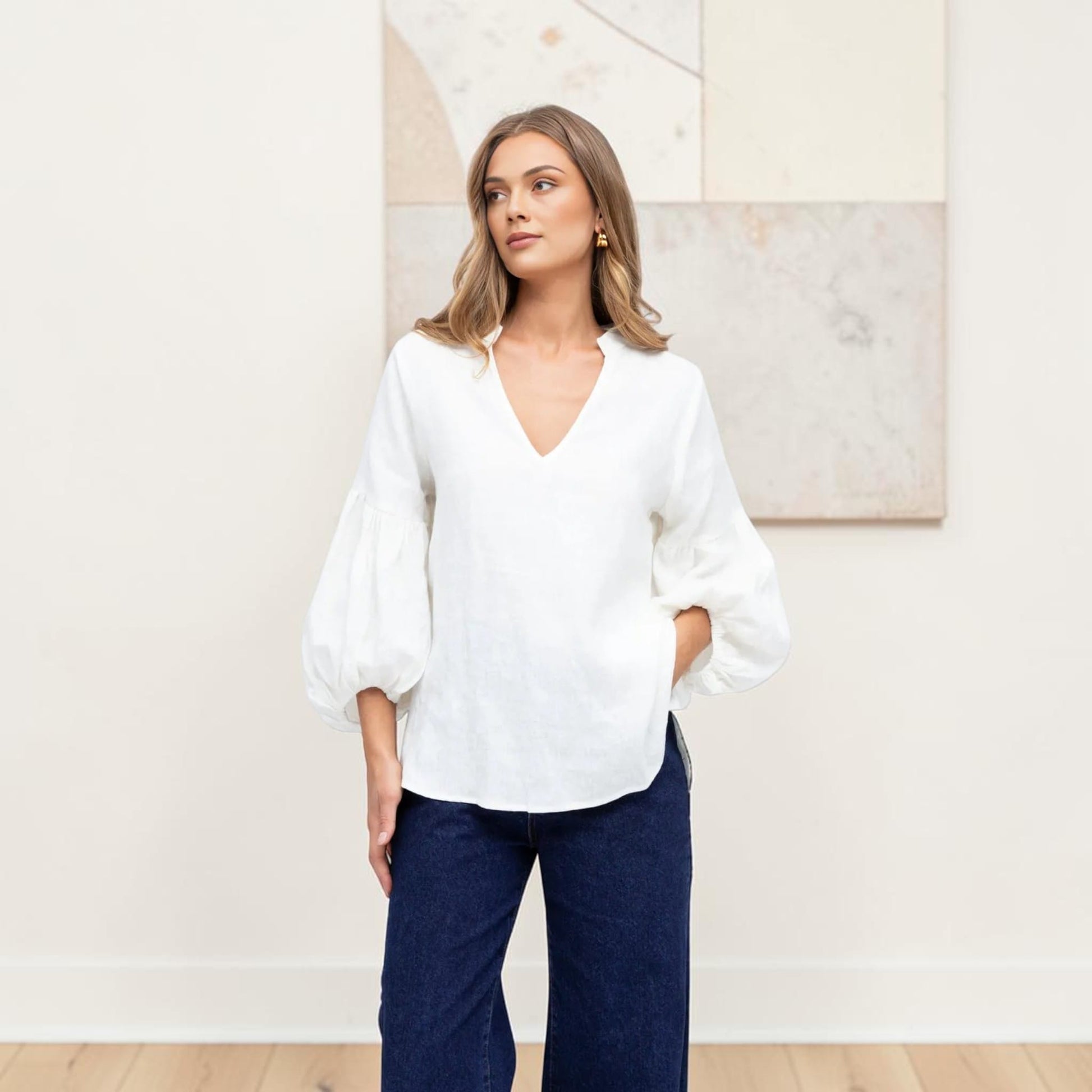 V-Neck Linen Tunic Top, Balloon Sleeves