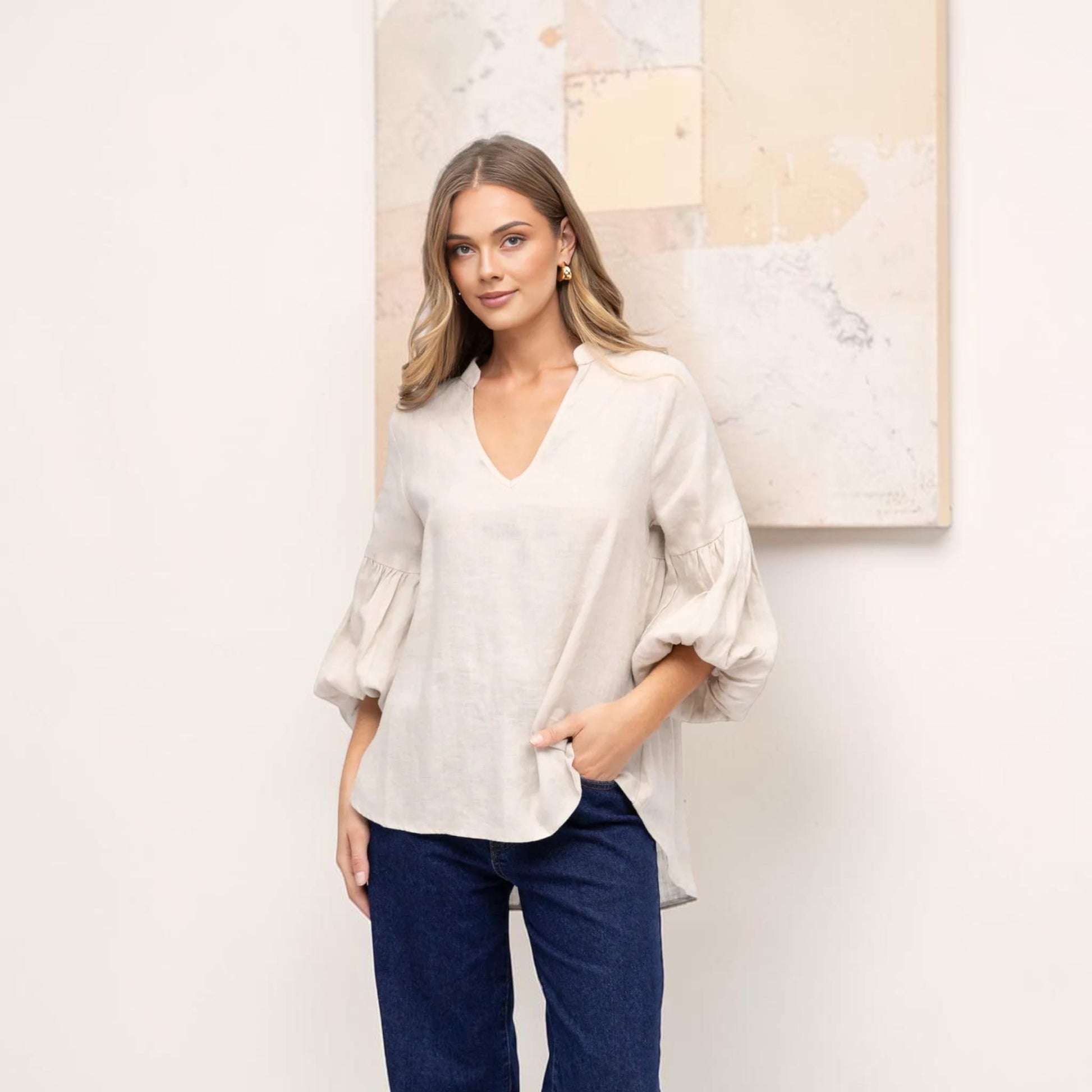 V-Neck Linen Tunic Top, Balloon Sleeves