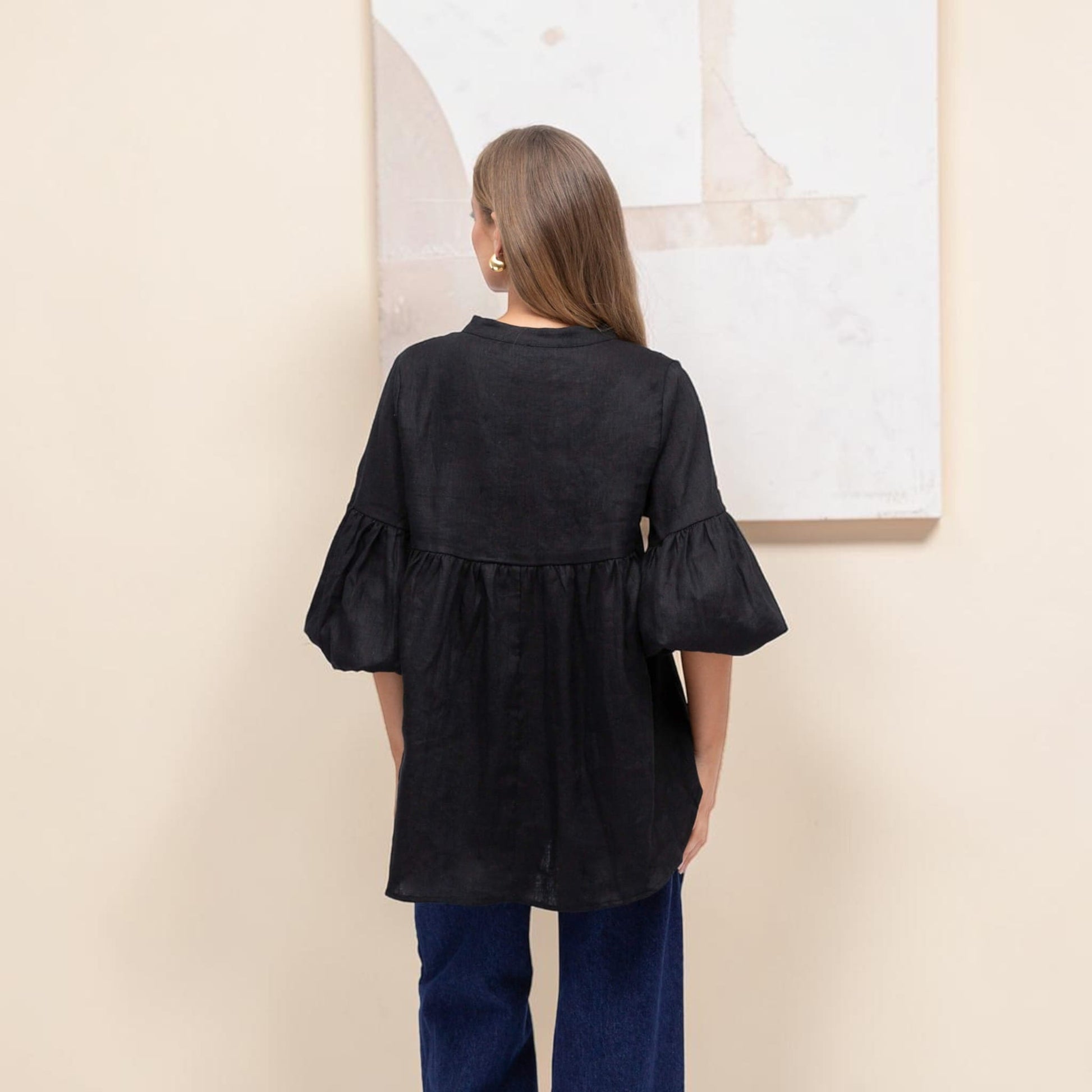 V-Neck Linen Tunic Top, Balloon Sleeves