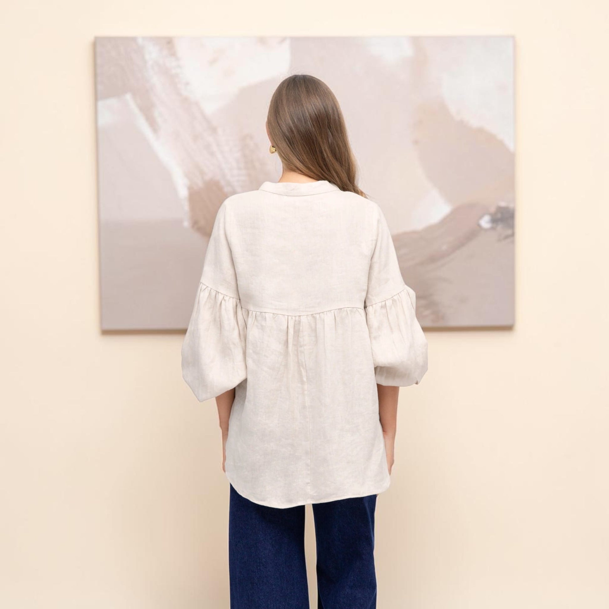 V-Neck Linen Tunic Top, Balloon Sleeves
