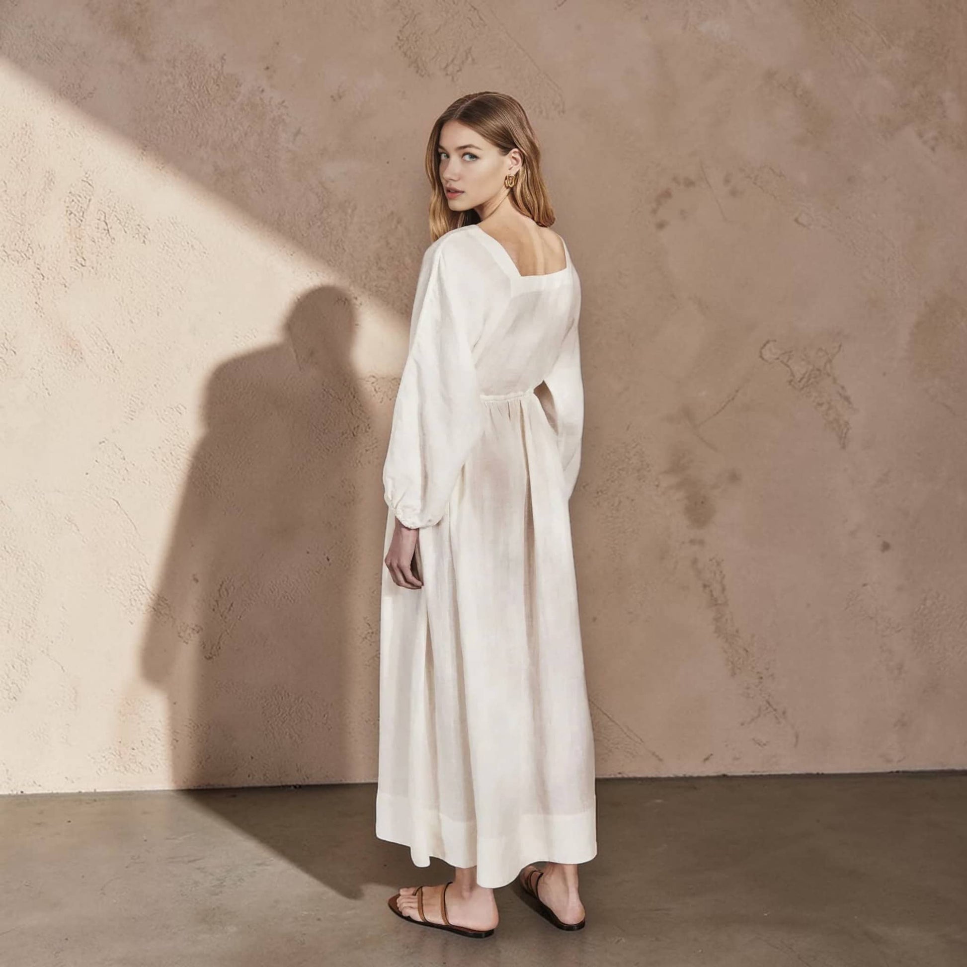 V Neck Maxi Dress, Long Sleeve Linen Maxi Dress