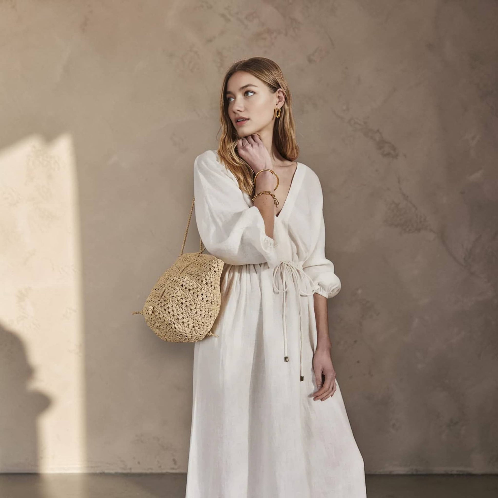 V Neck Maxi Dress, Long Sleeve Linen Maxi Dress