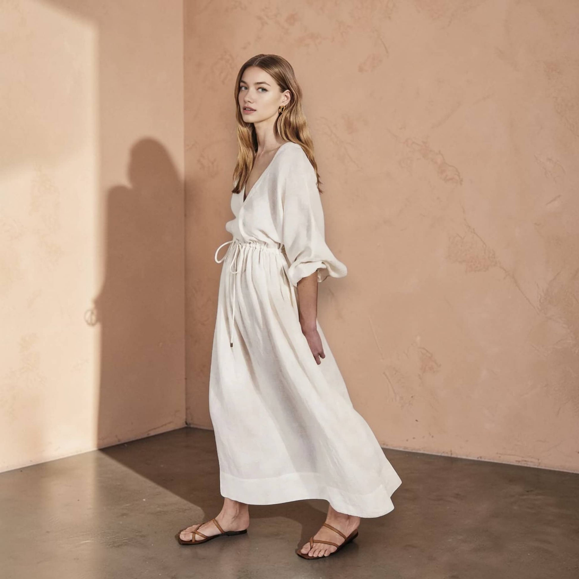 V Neck Maxi Dress, Long Sleeve Linen Maxi Dress