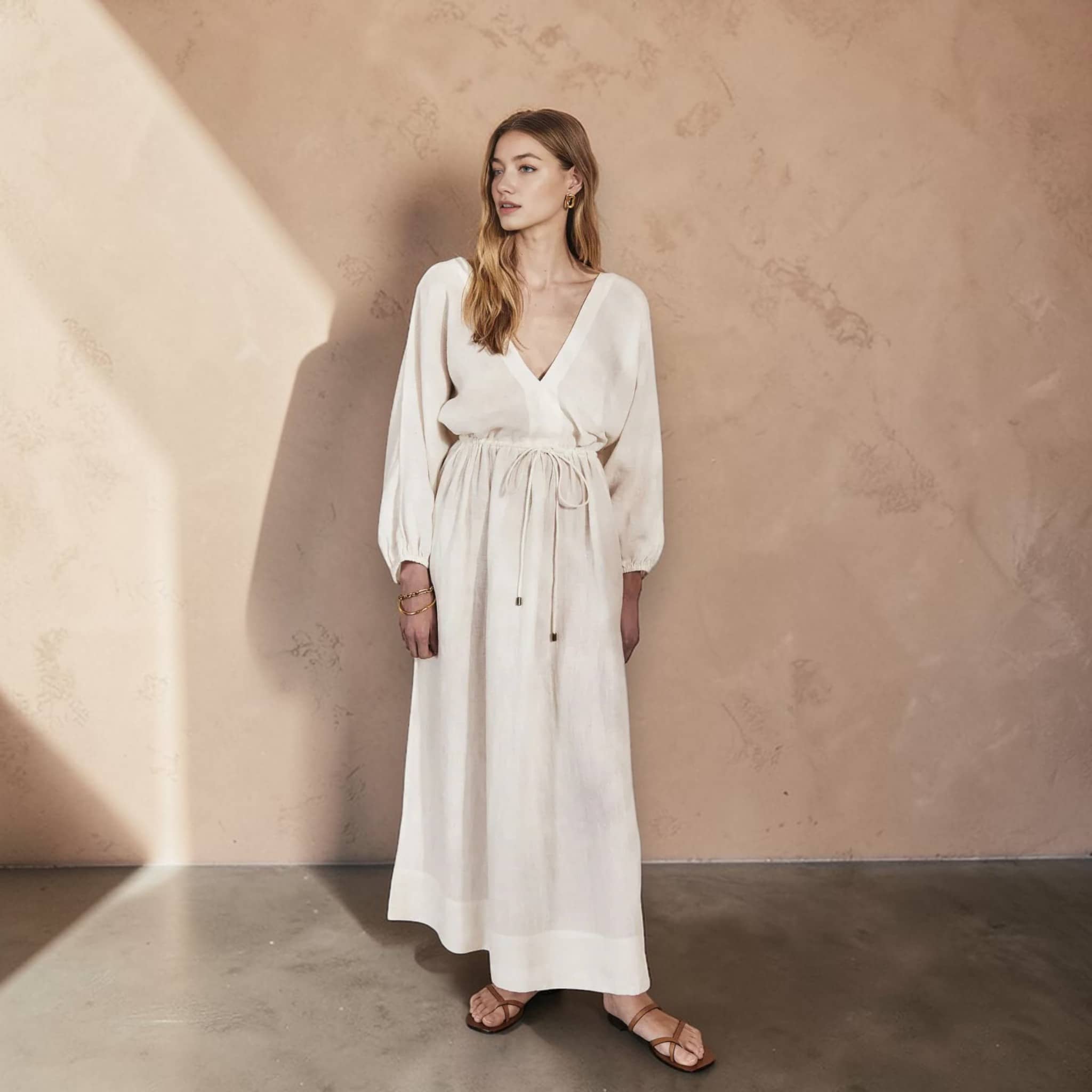 V Neck Maxi Dress, Long Sleeve Linen Maxi Dress