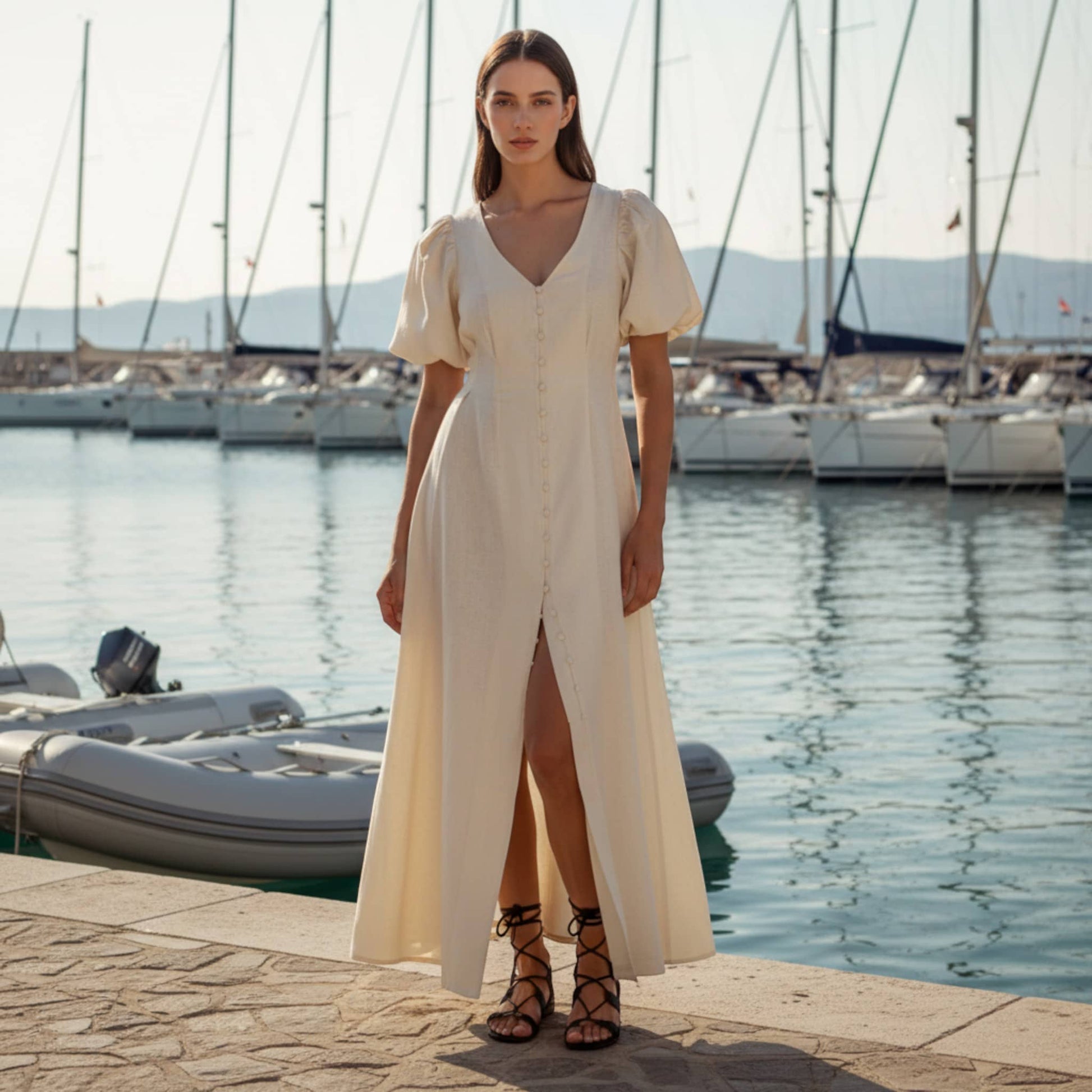 V Neck Maxi Linen Slip Dress, Short Sleeve Maxi Dress
