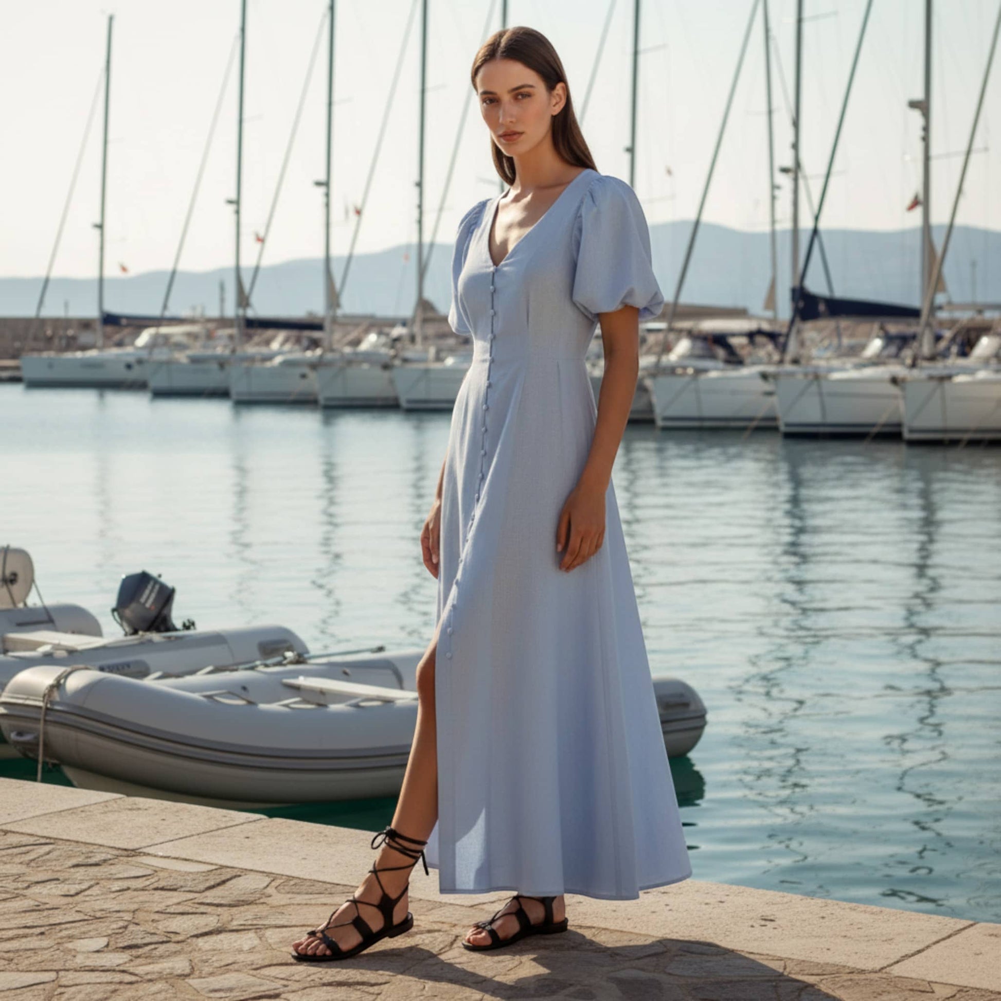 V Neck Maxi Linen Slip Dress, Short Sleeve Maxi Dress