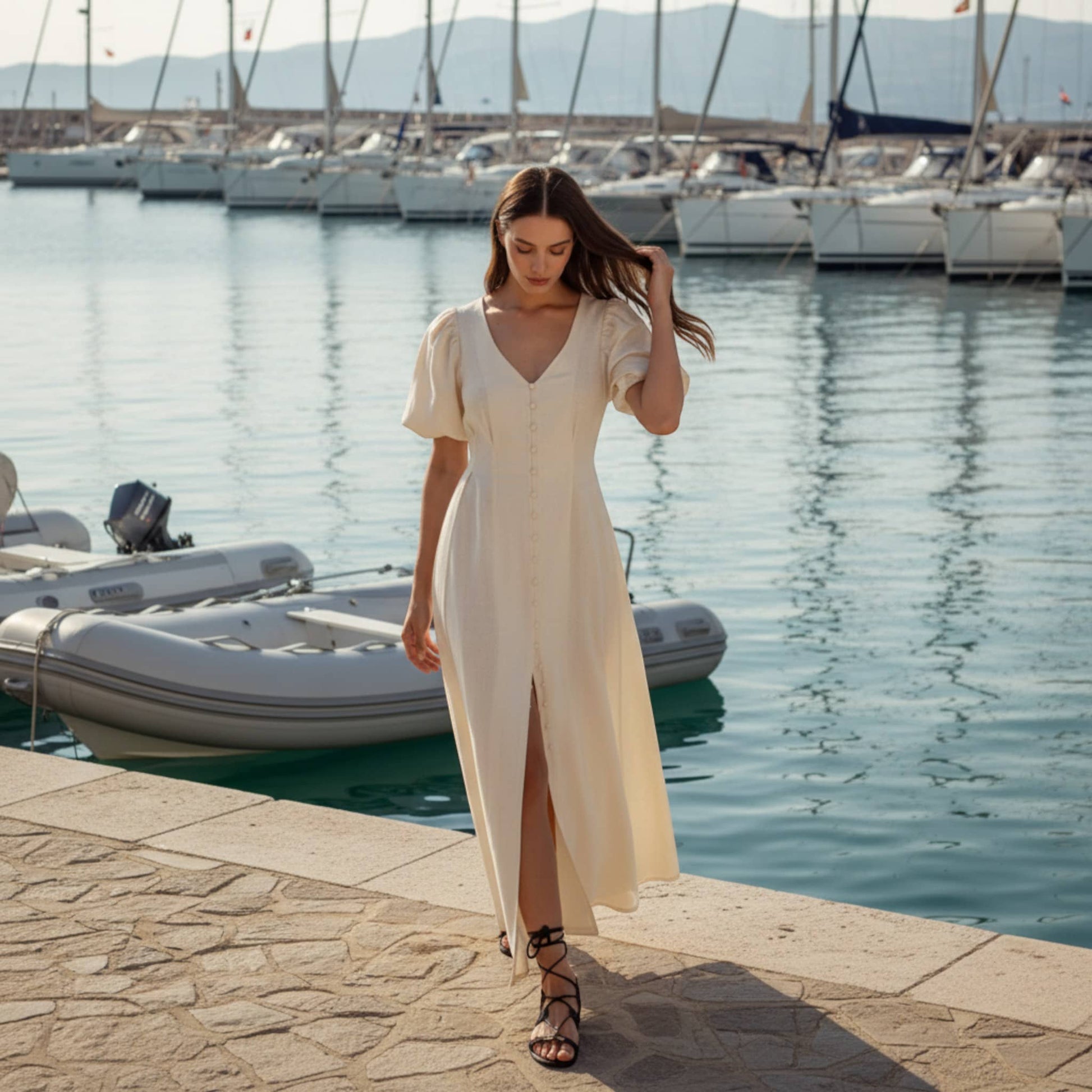 V Neck Maxi Linen Slip Dress, Short Sleeve Maxi Dress