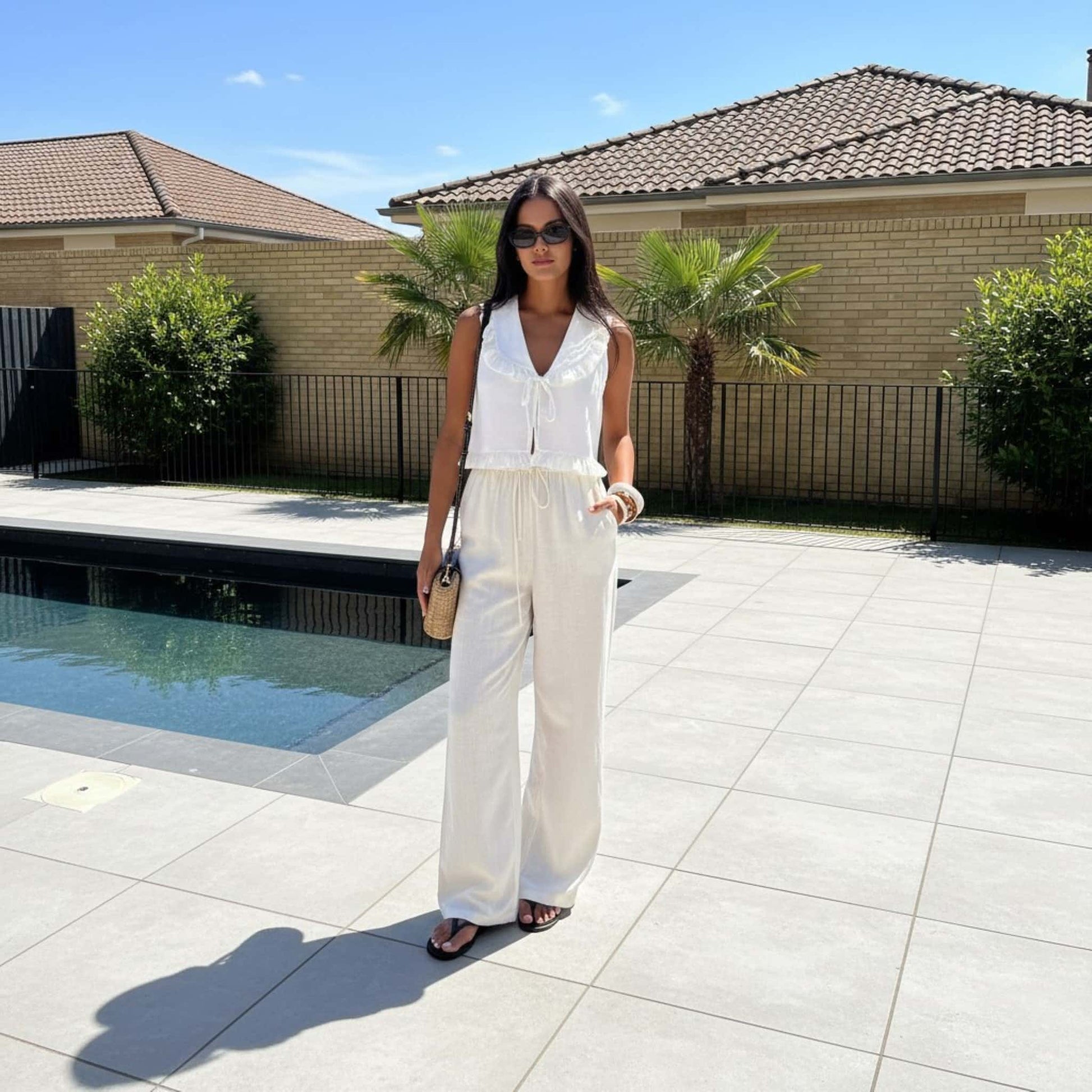 V Neck Ruffle Top, Sleeveless Linen Crop Top