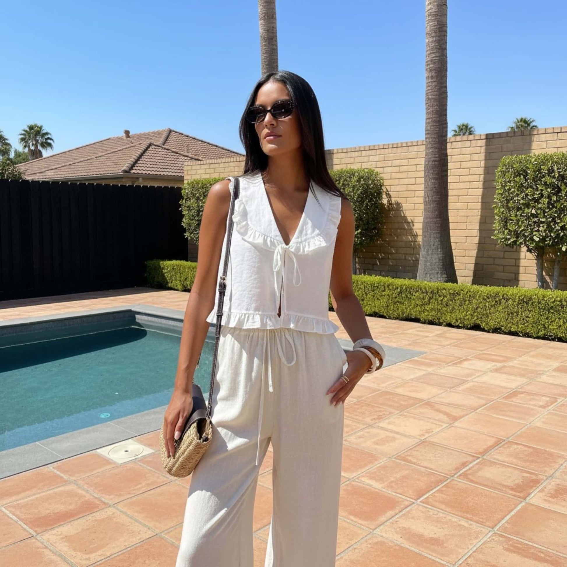 V Neck Ruffle Top, Sleeveless Linen Crop Top