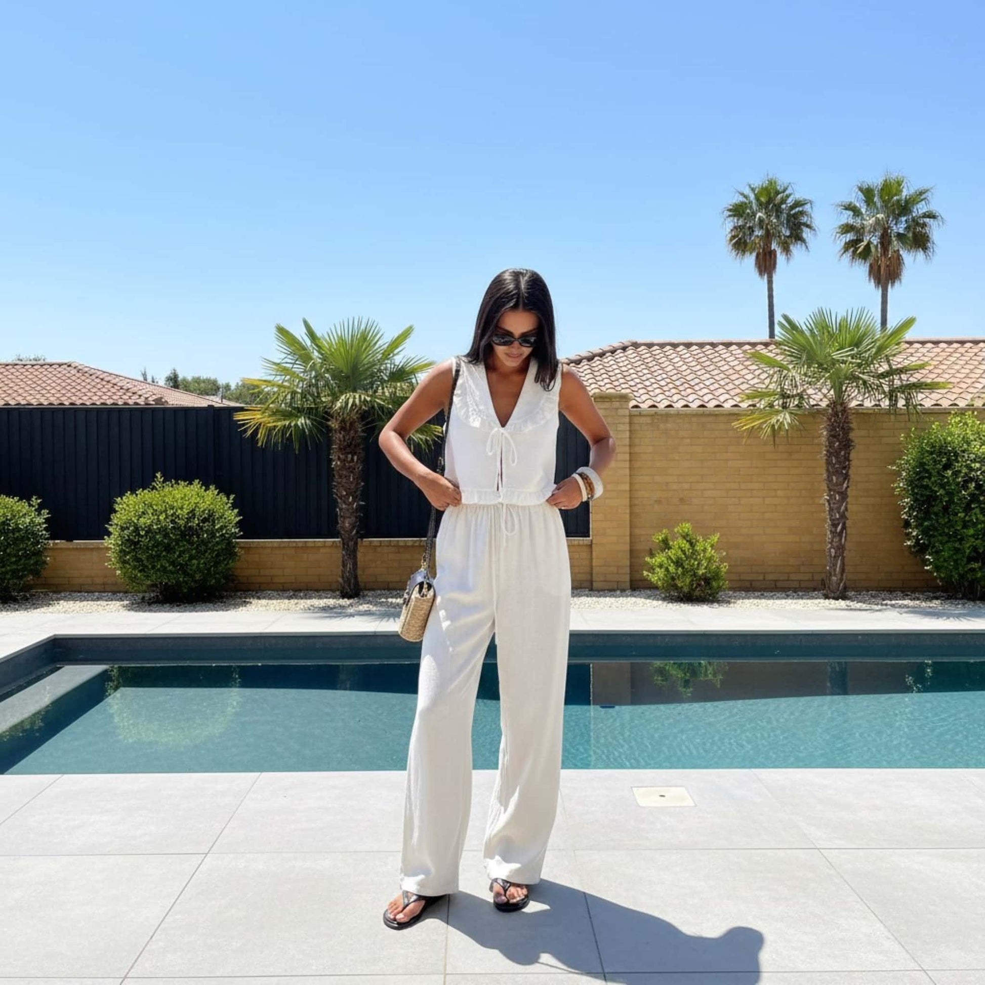 V Neck Ruffle Top, Sleeveless Linen Crop Top
