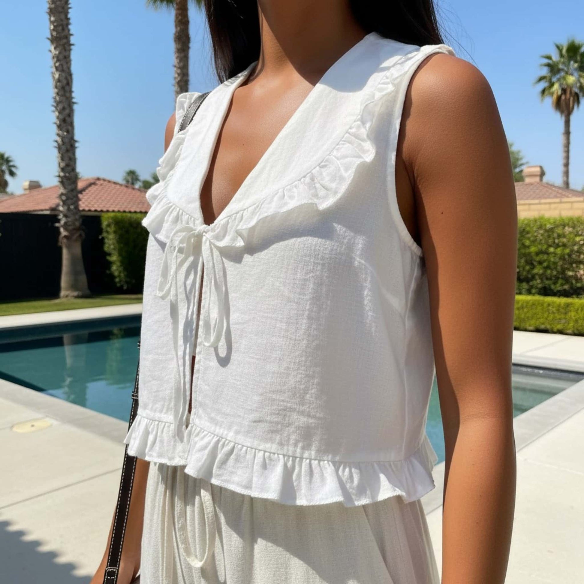 V Neck Ruffle Top, Sleeveless Linen Crop Top