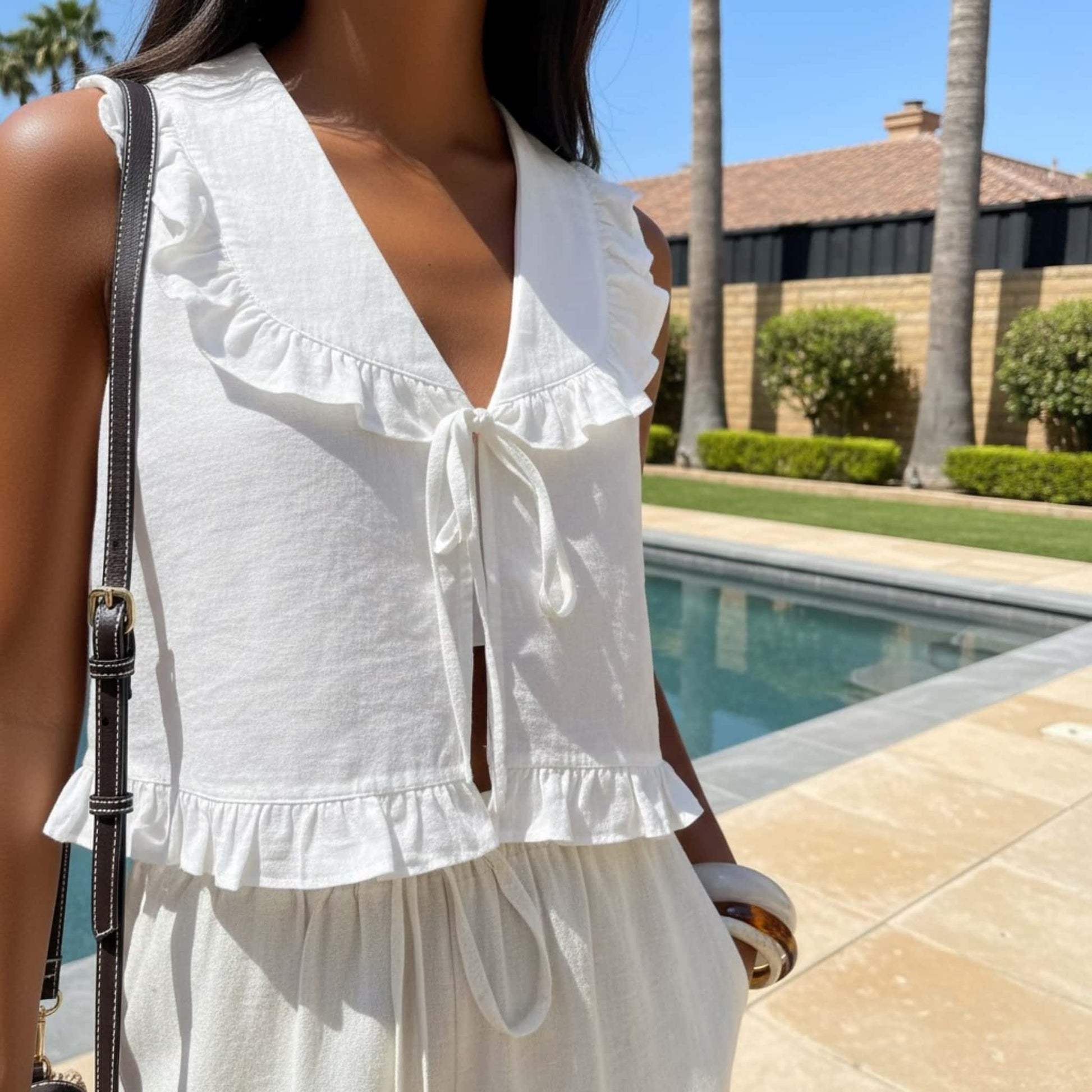 V Neck Ruffle Top, Sleeveless Linen Crop Top