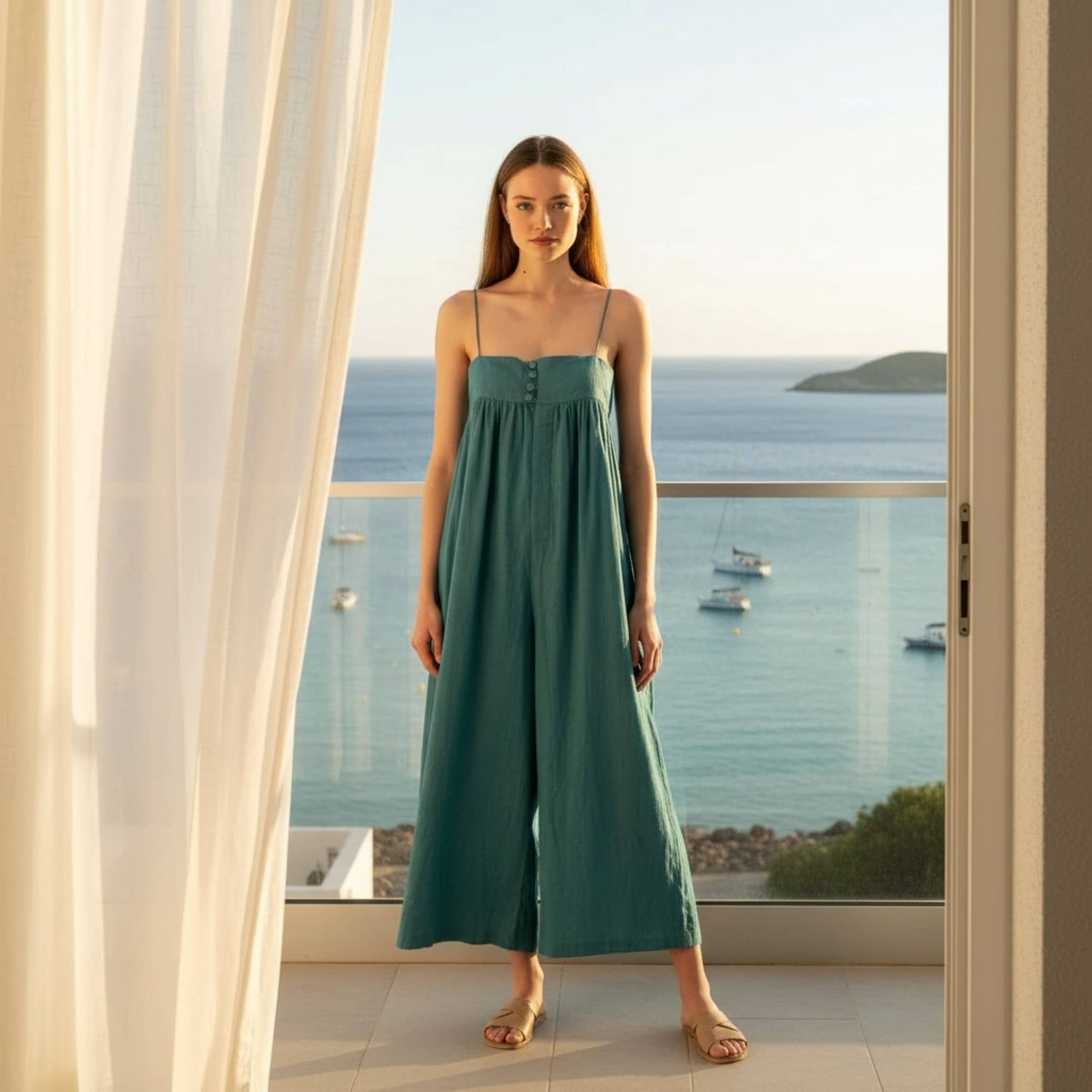 Wide Leg Linen Jumpsuit, Sleeveless Linen Jumpsuit