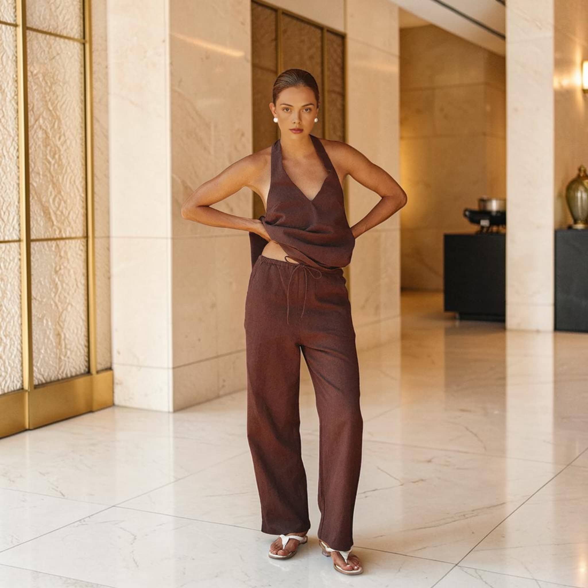 Wide-Leg Linen Pants, High Waisted Drawstring