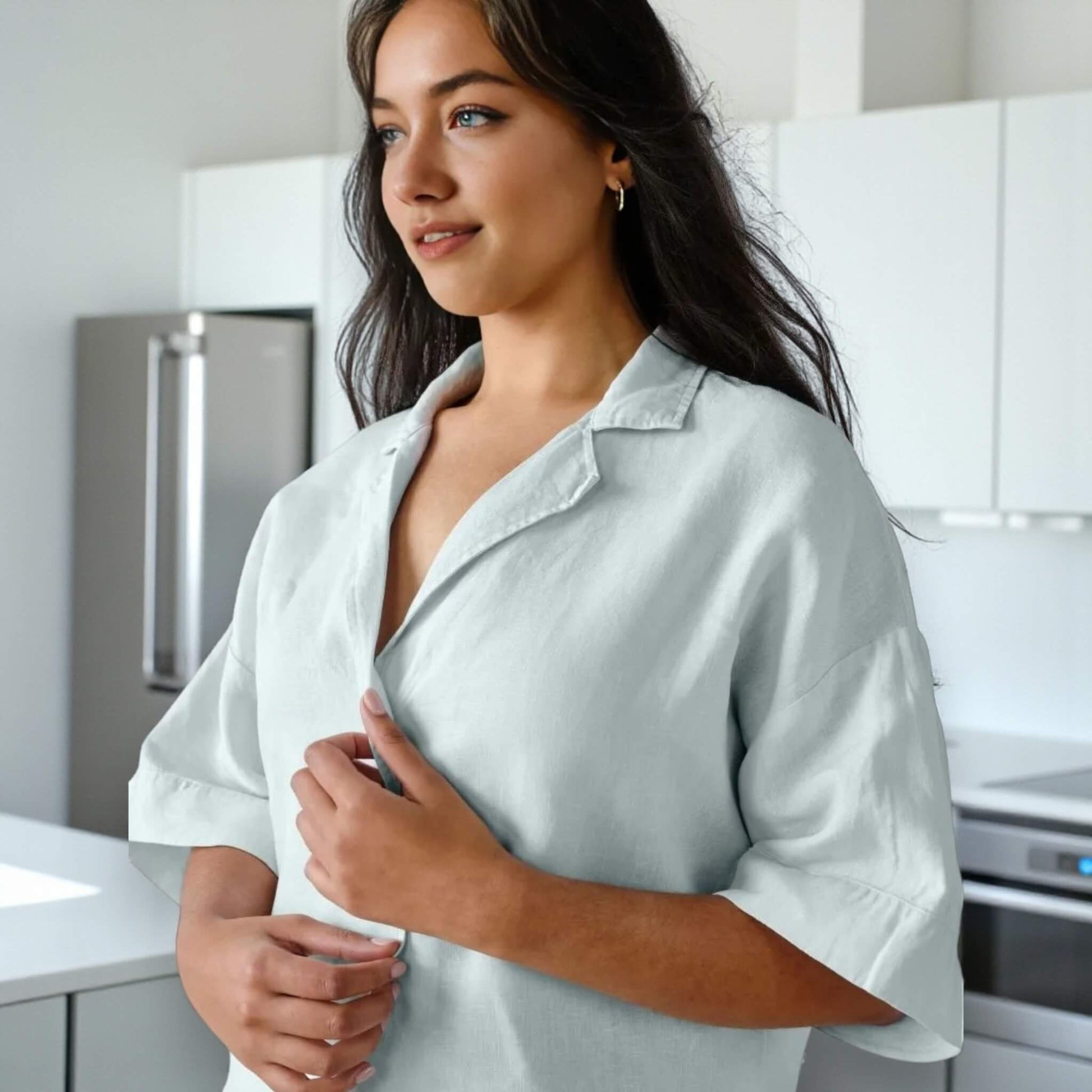 Wide Sleeve Linen Shirt, Relaxed Linen Loungewear Shirt