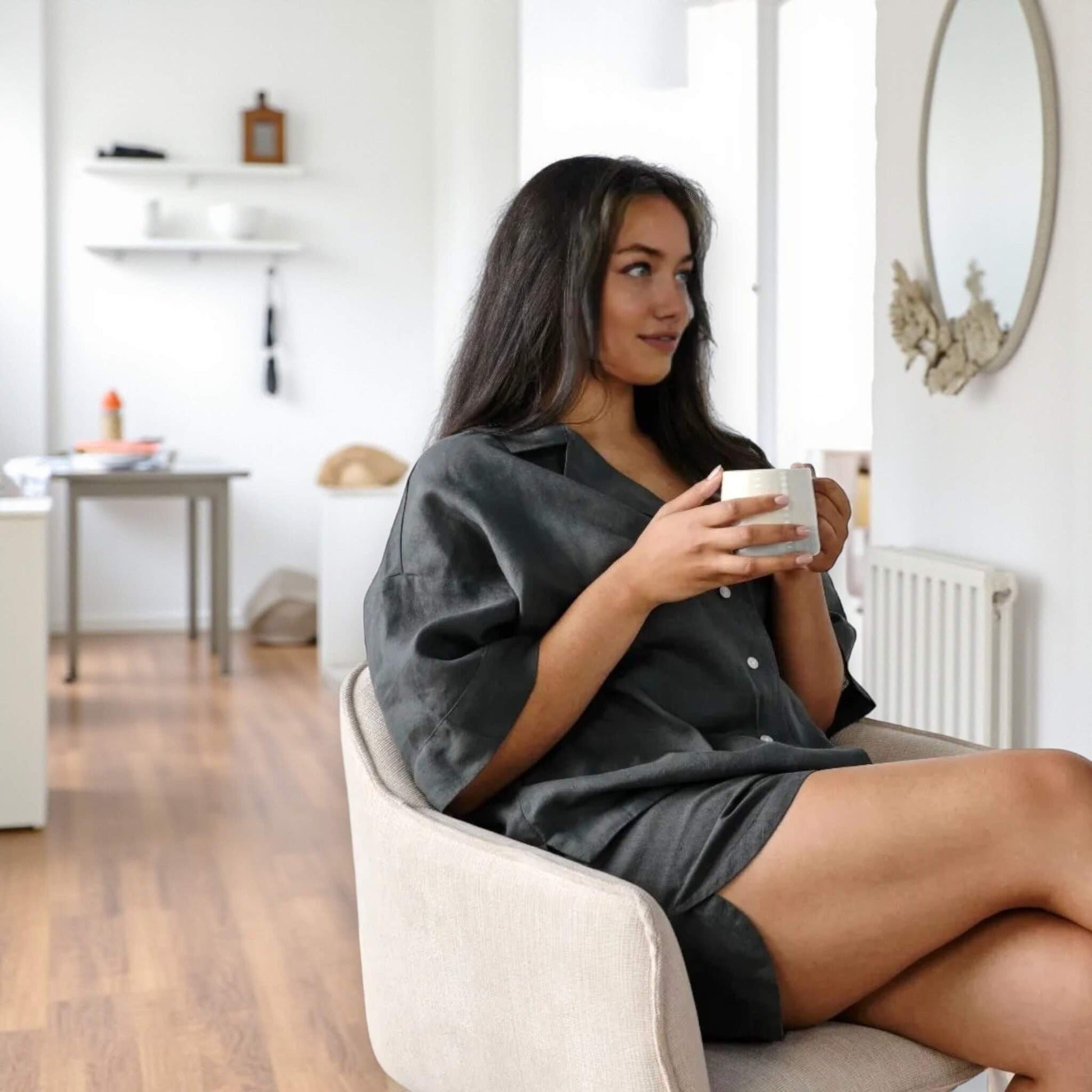 Wide Sleeve Linen Shirt, Relaxed Linen Loungewear Shirt