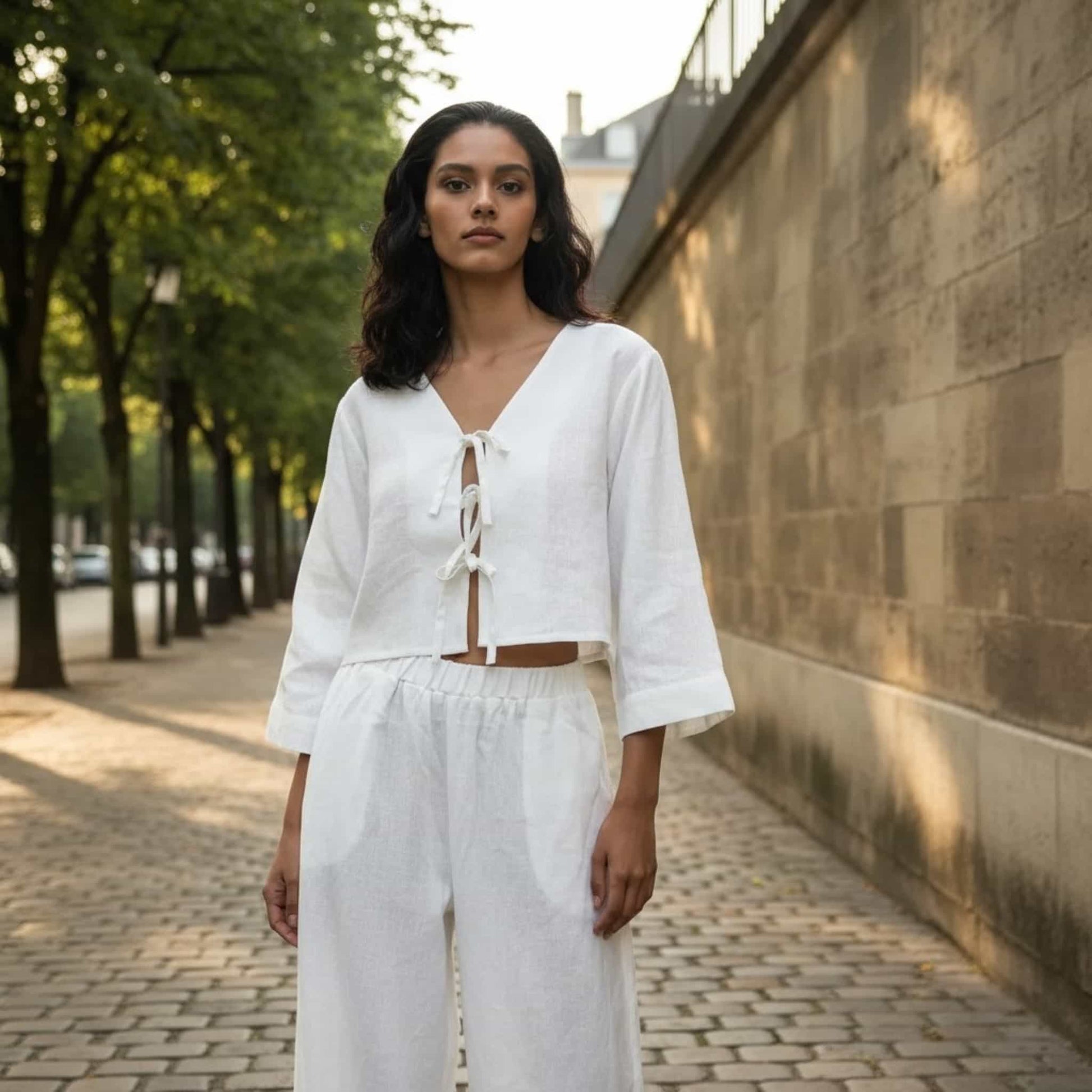 Wide Sleeve Linen Top, Tie Front Crop Top