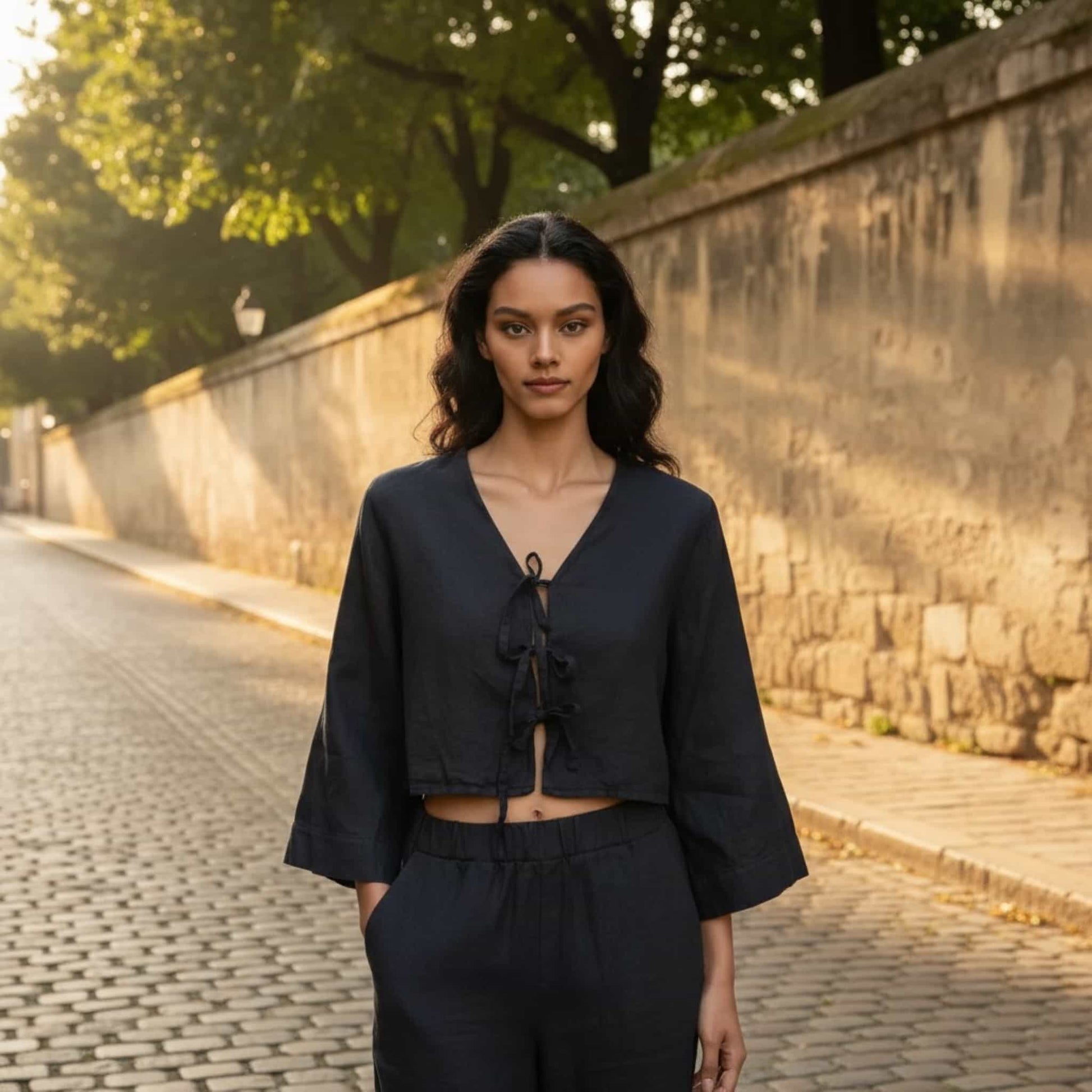 Wide Sleeve Linen Top, Tie Front Crop Top