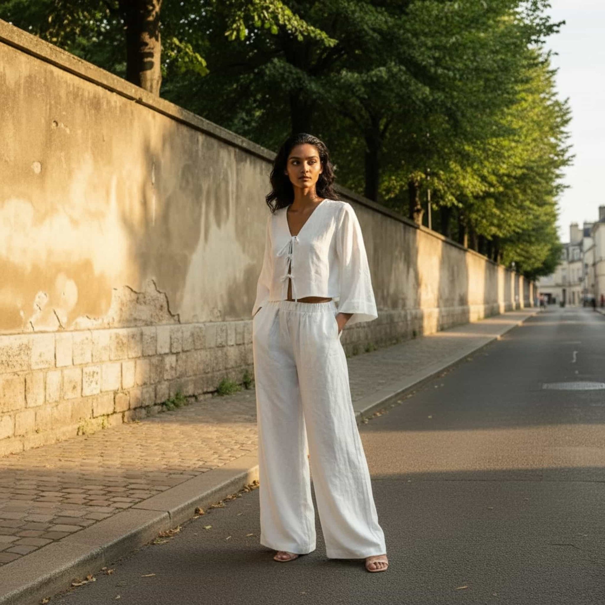 Wide Sleeve Linen Top, Tie Front Crop Top