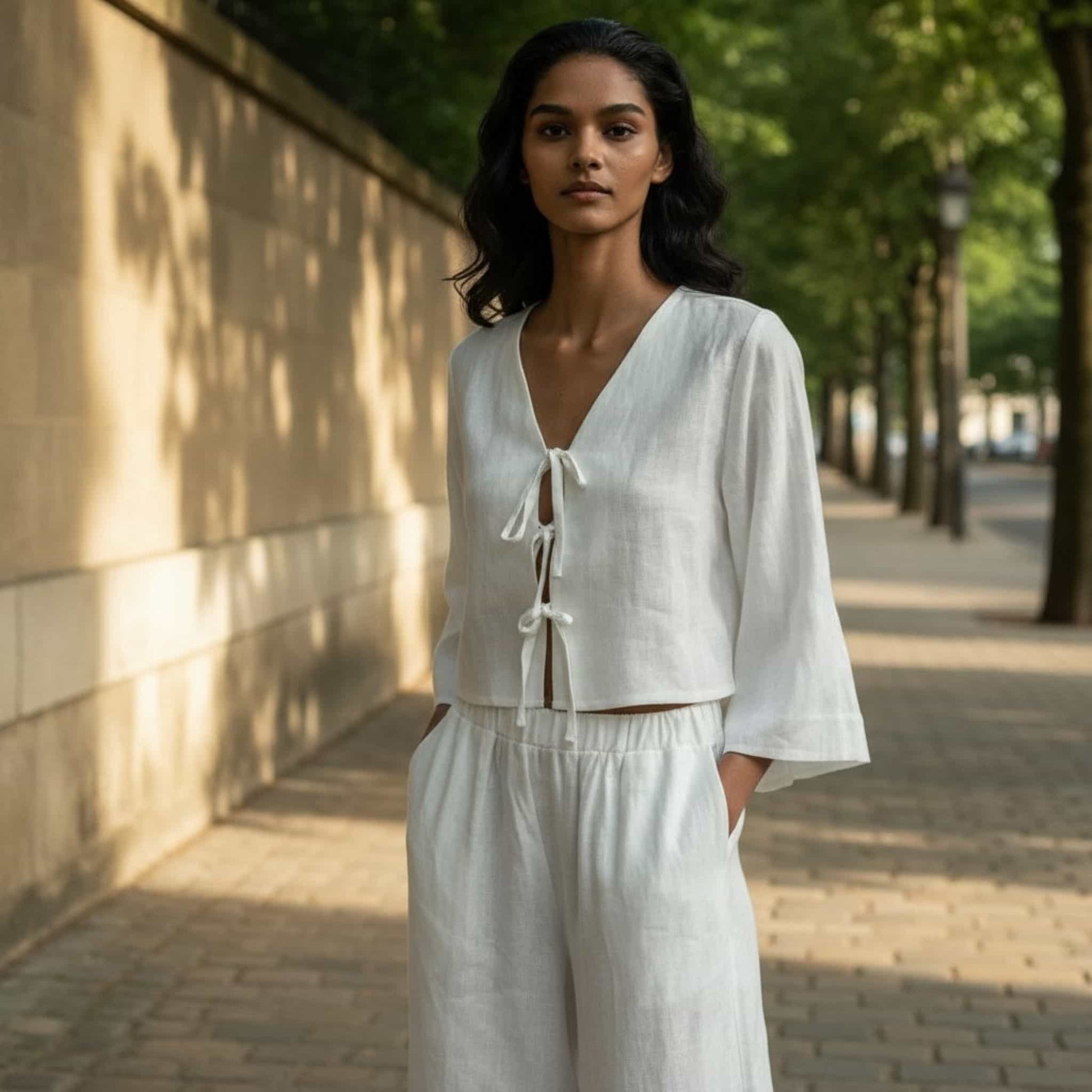 Wide Sleeve Linen Top, Tie Front Crop Top