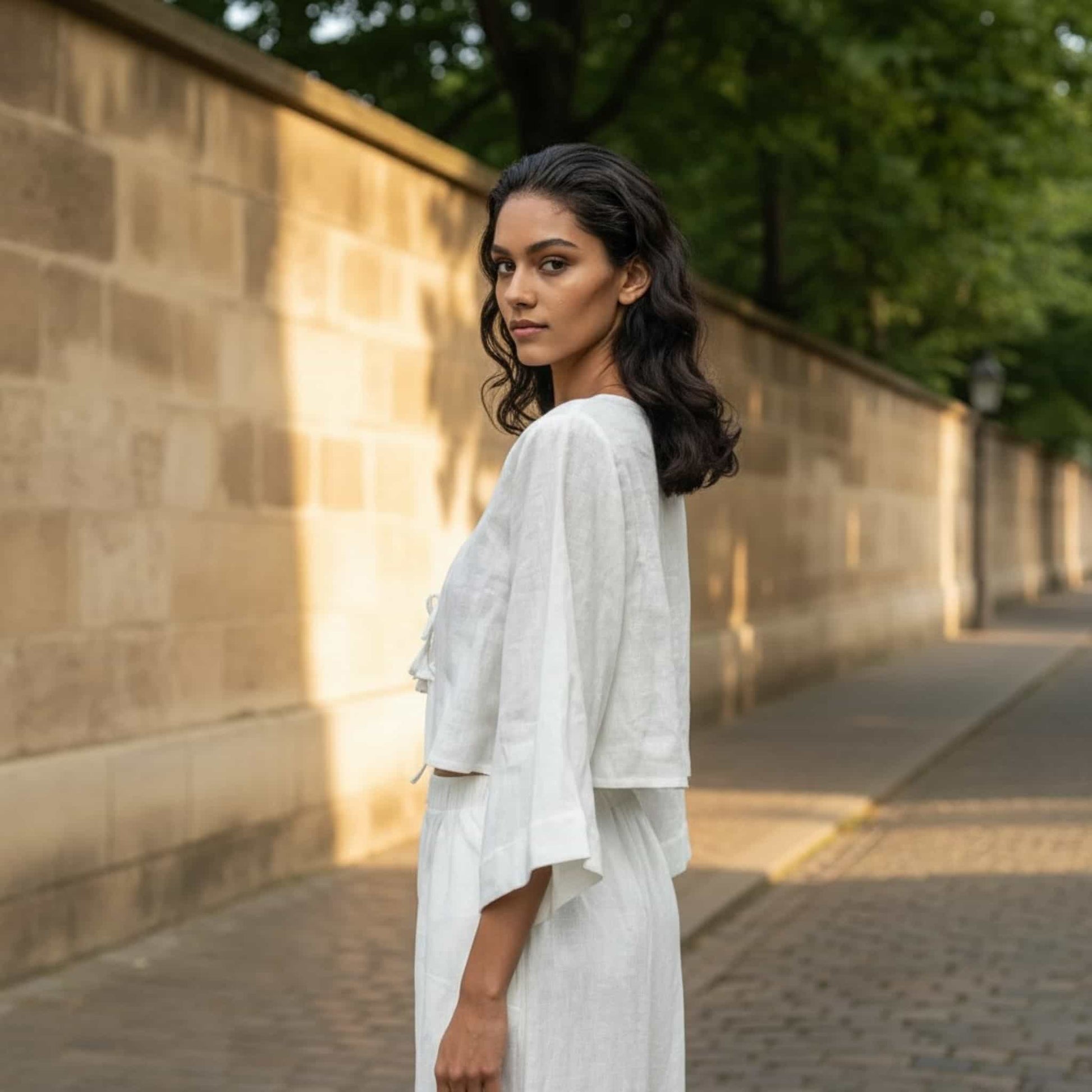 Wide Sleeve Linen Top, Tie Front Crop Top